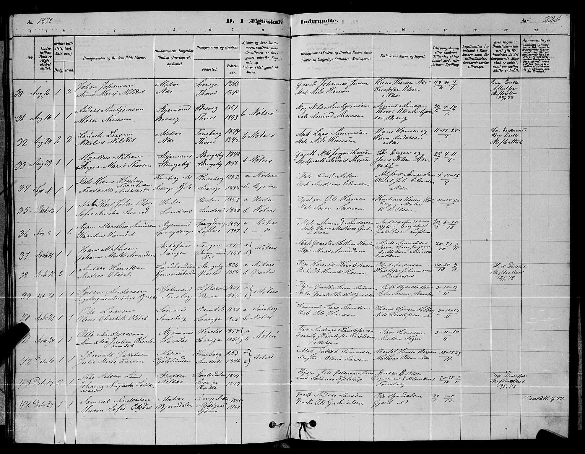 Nøtterøy kirkebøker, AV/SAKO-A-354/G/Ga/L0003: Parish register (copy) no. I 3, 1878-1893, p. 226