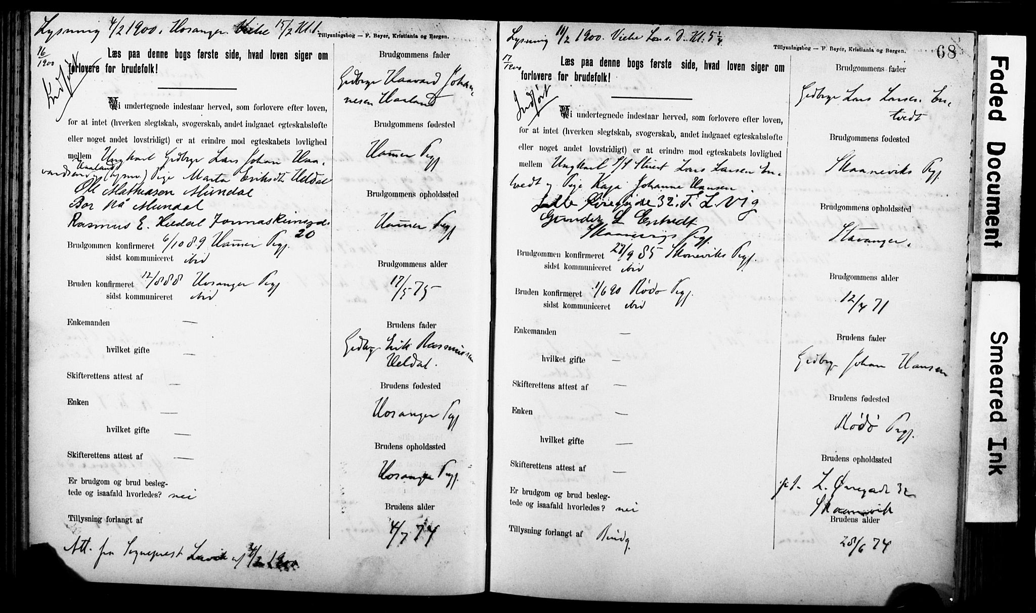 Korskirken sokneprestembete, AV/SAB-A-76101: Best man's statements no. II.5.7, 1898-1903, p. 68