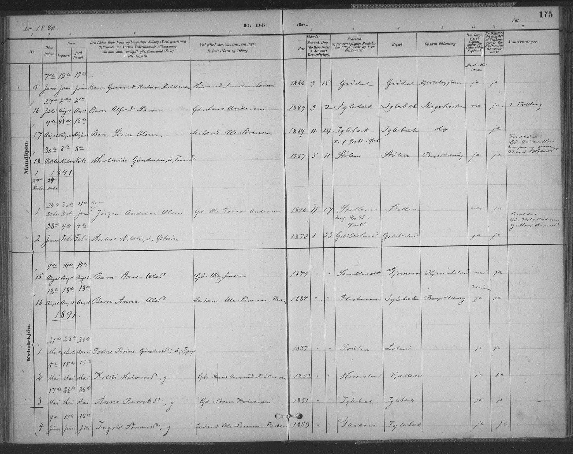 Vennesla sokneprestkontor, SAK/1111-0045/Fa/Fac/L0009: Parish register (official) no. A 9, 1884-1901, p. 175