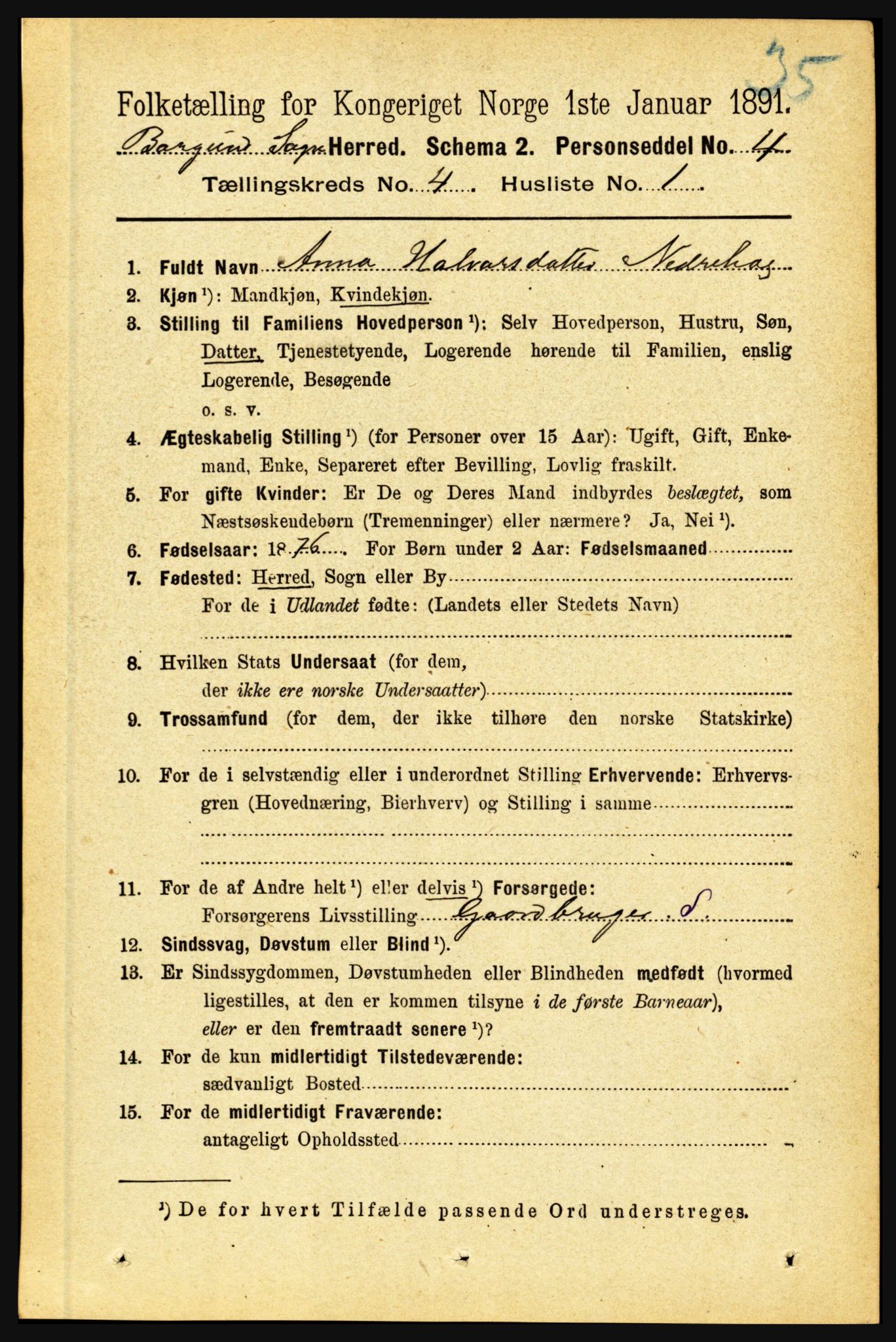 RA, 1891 census for 1423 Borgund, 1891, p. 831