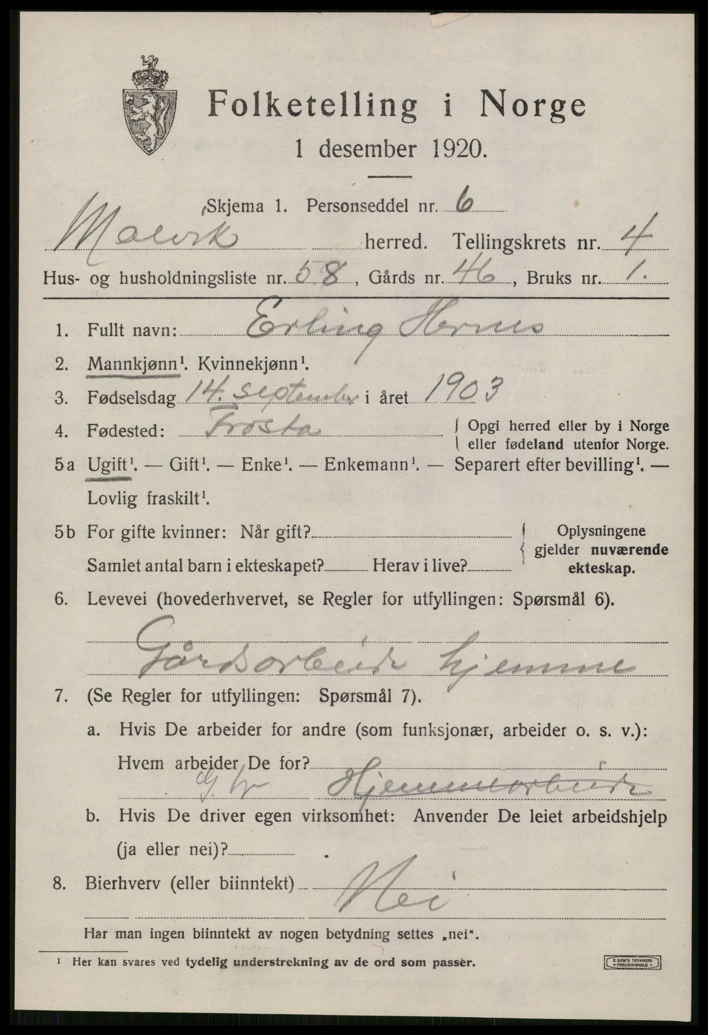 SAT, 1920 census for Malvik, 1920, p. 3174