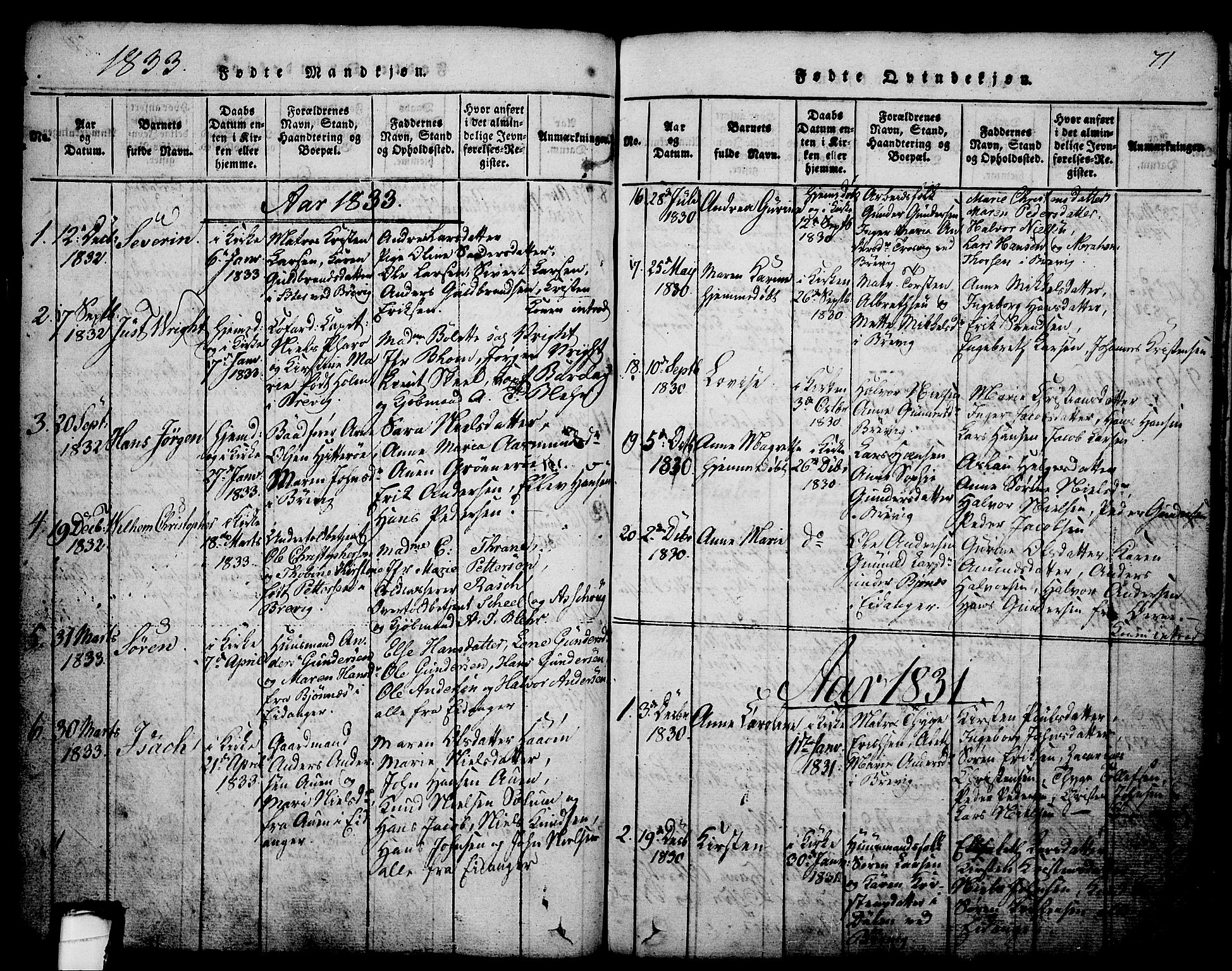 Brevik kirkebøker, SAKO/A-255/G/Ga/L0001: Parish register (copy) no. 1, 1814-1845, p. 71