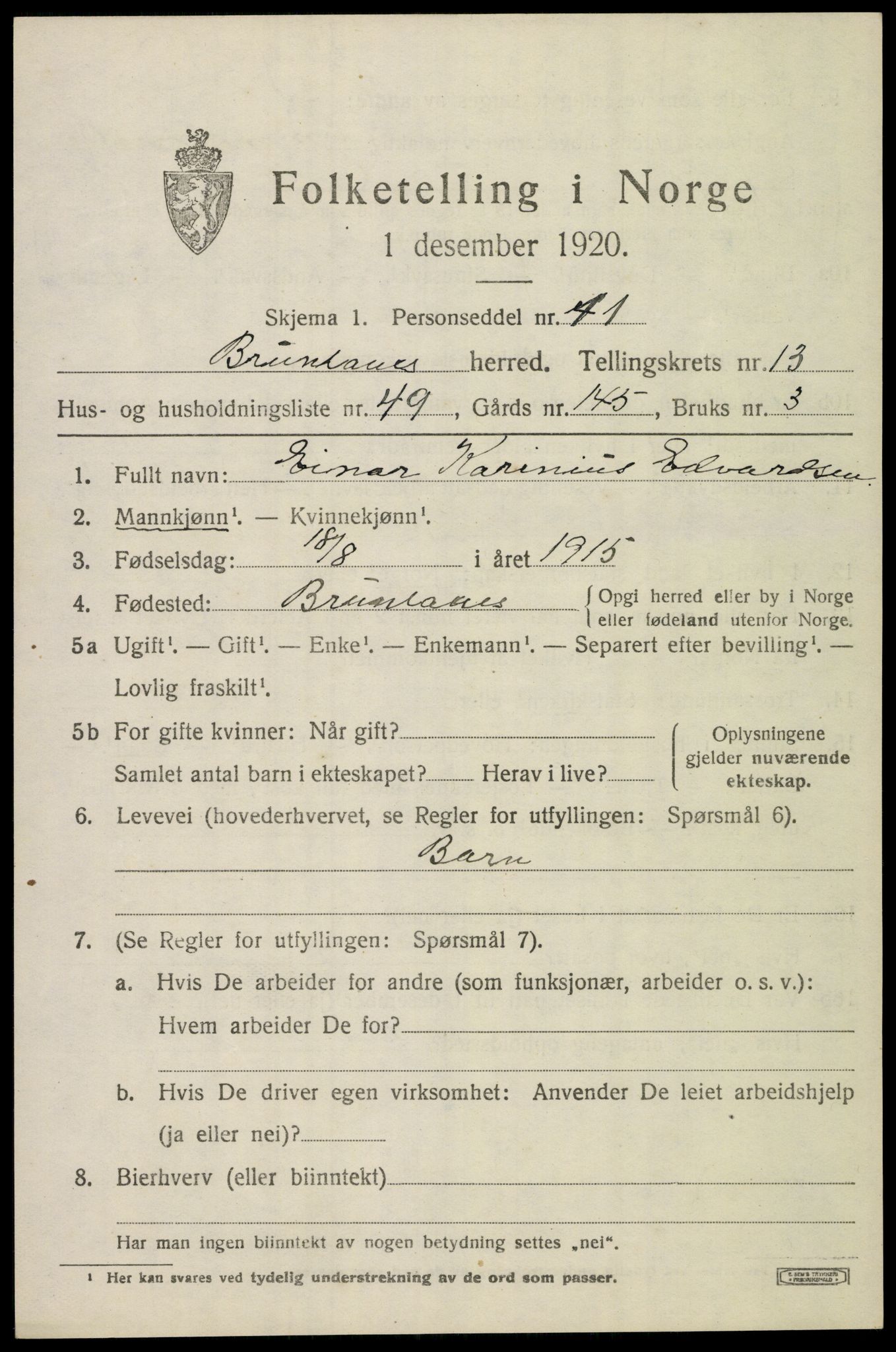 SAKO, 1920 census for Brunlanes, 1920, p. 11339