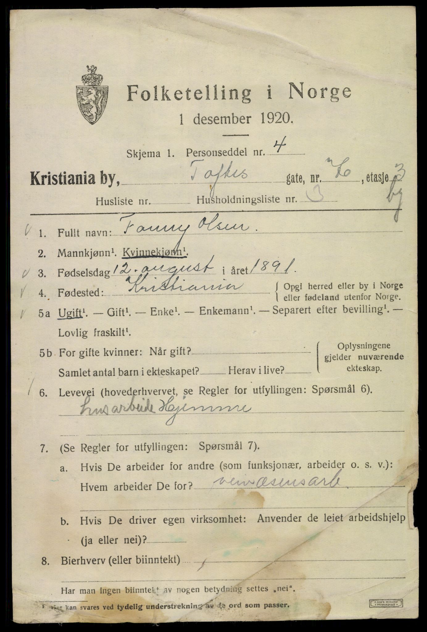 SAO, 1920 census for Kristiania, 1920, p. 588129