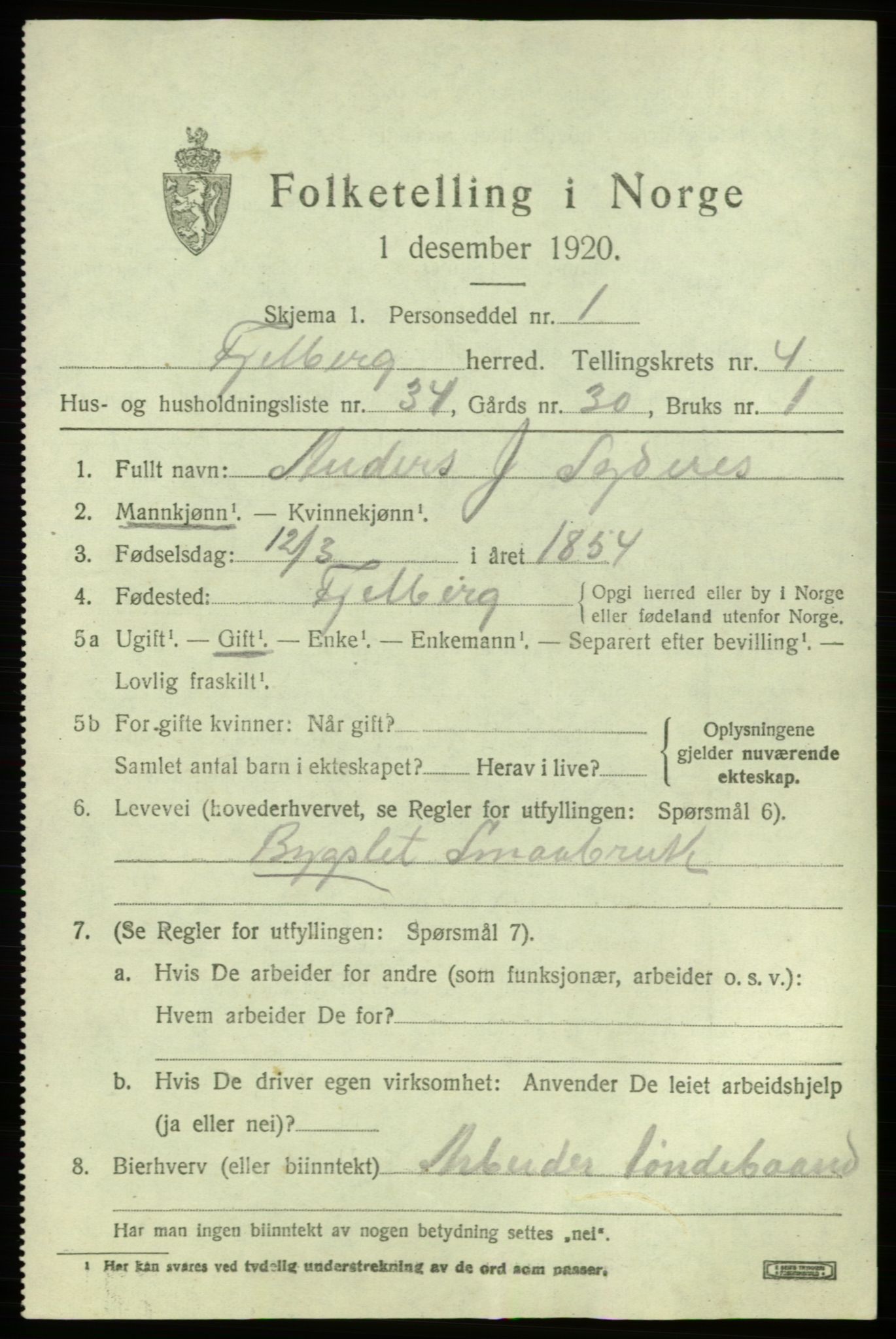 SAB, 1920 census for Fjelberg, 1920, p. 1559