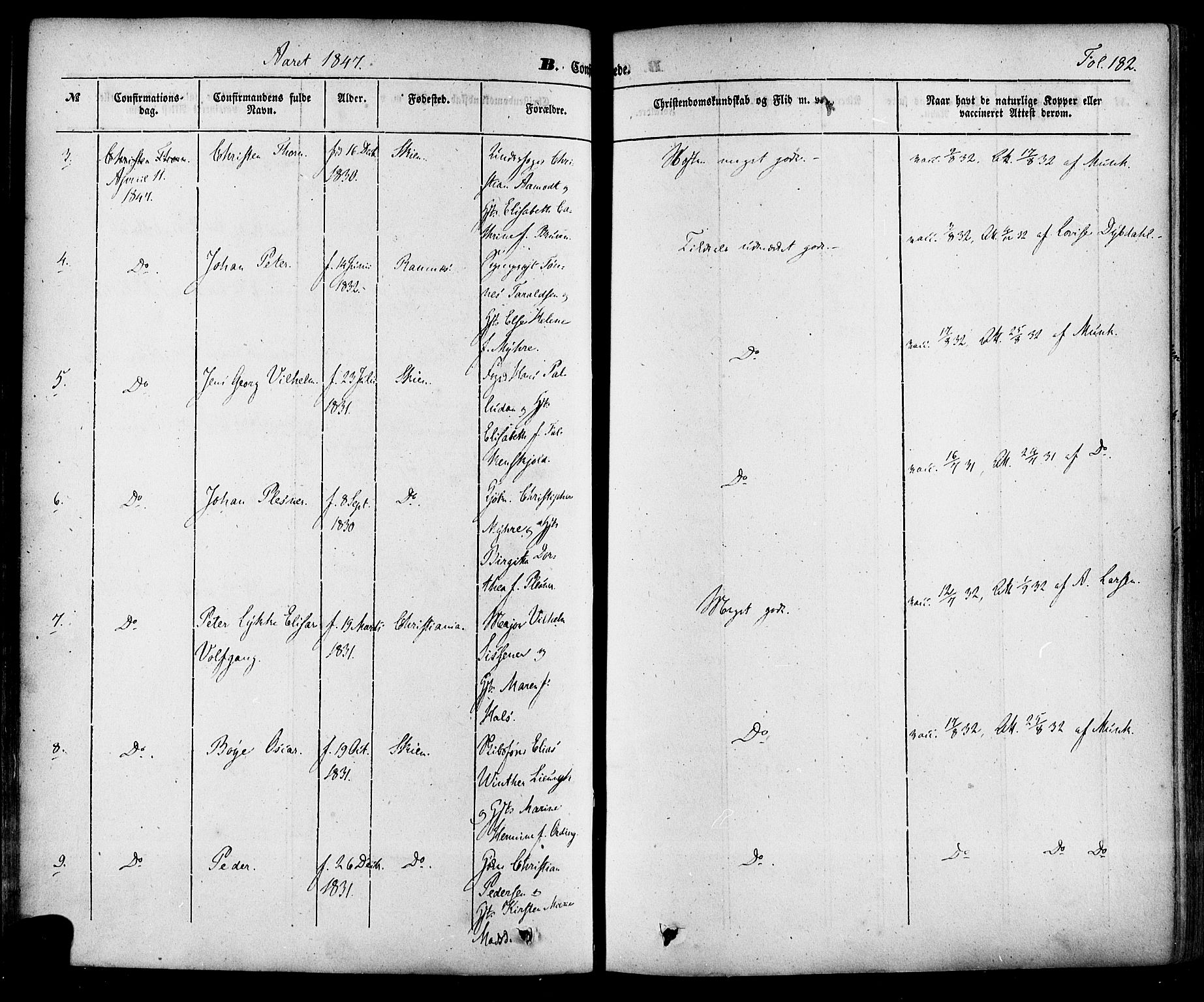 Skien kirkebøker, SAKO/A-302/F/Fa/L0006a: Parish register (official) no. 6A, 1843-1856, p. 182