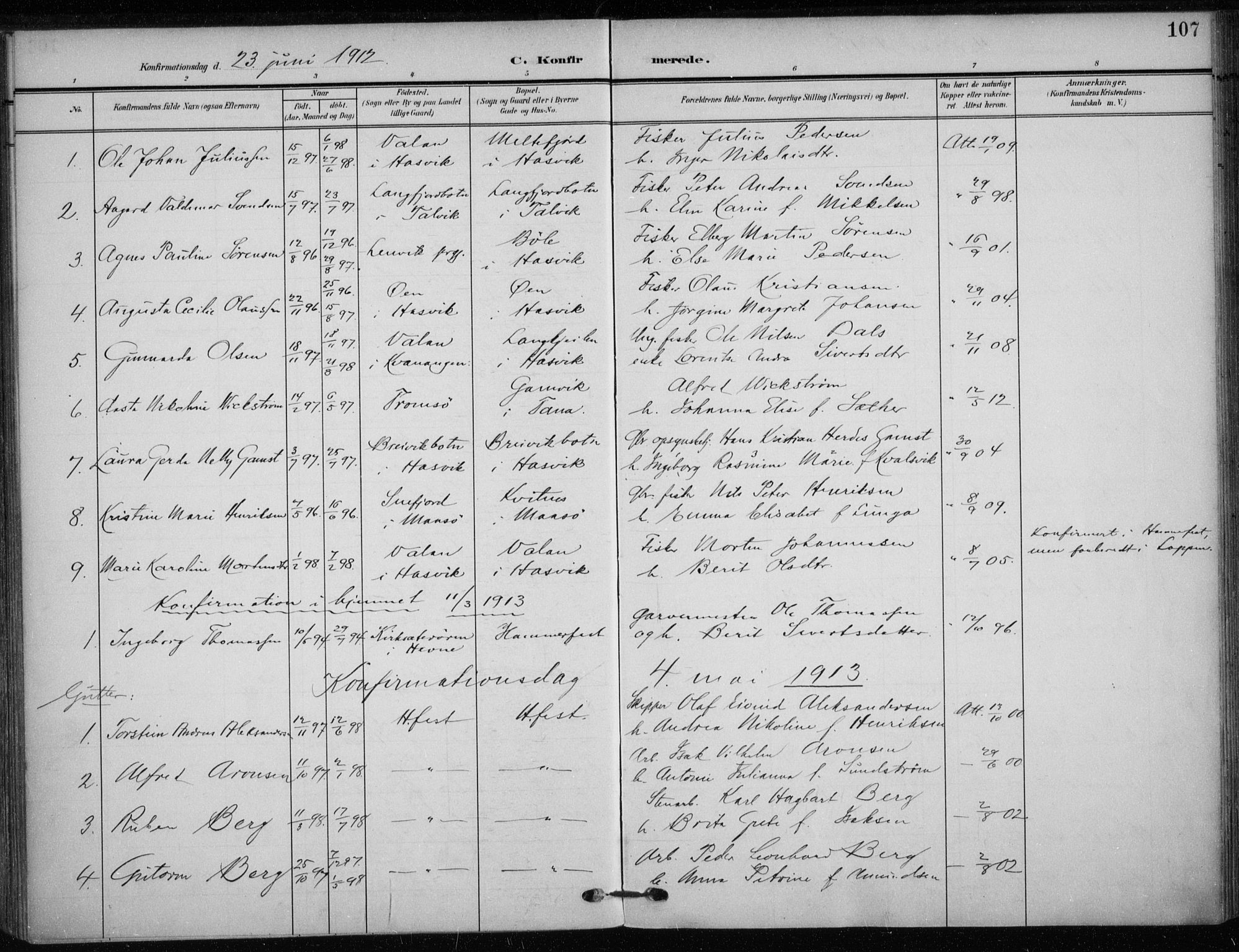 Hammerfest sokneprestkontor, SATØ/S-1347/H/Ha/L0014.kirke: Parish register (official) no. 14, 1906-1916, p. 107