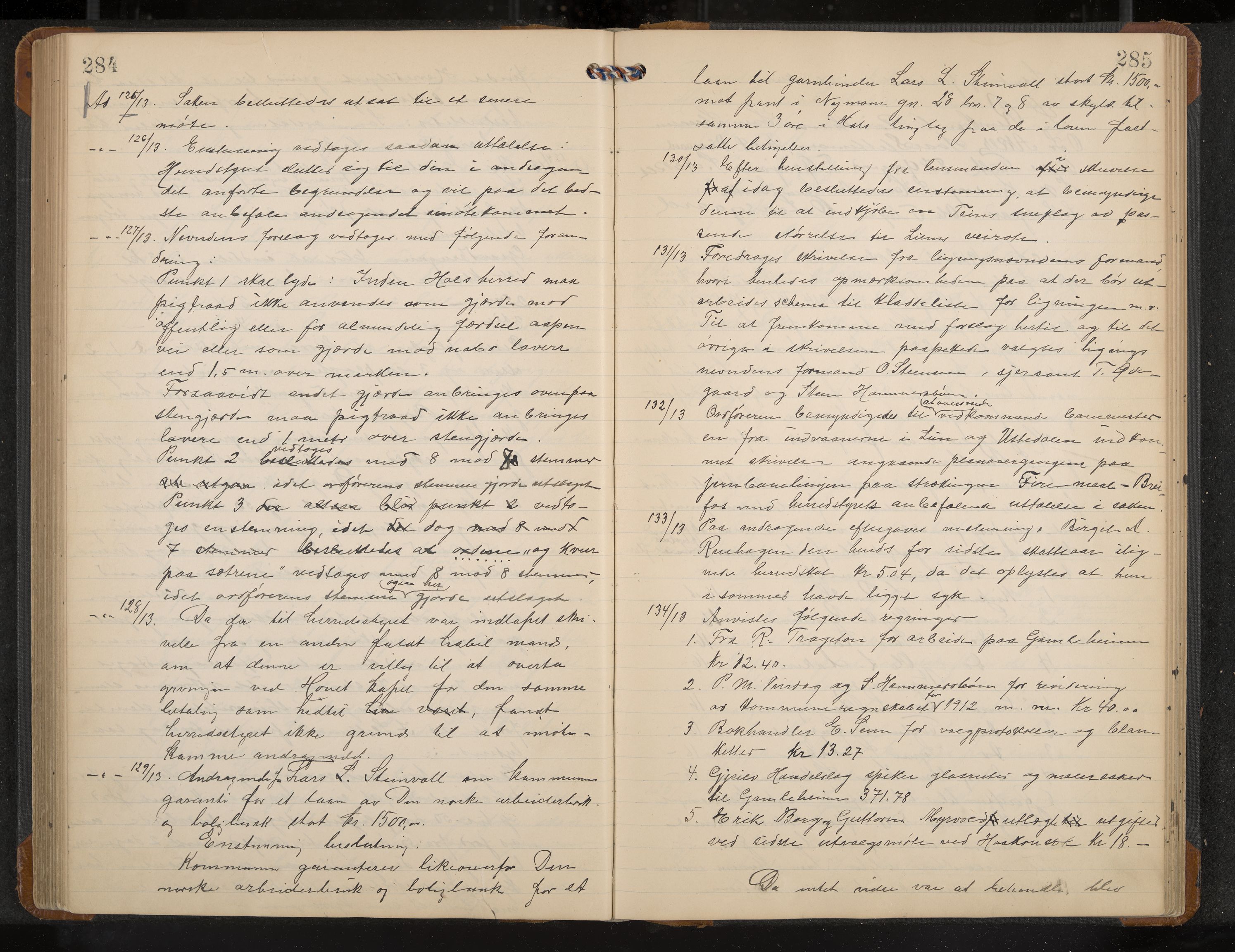 Hol formannskap og sentraladministrasjon, IKAK/0620021-1/A/L0005: Møtebok, 1909-1915, p. 284-285