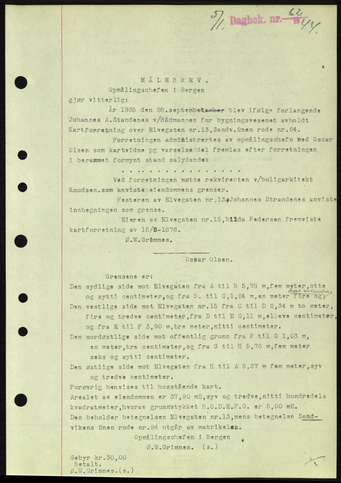 Byfogd og Byskriver i Bergen, AV/SAB-A-3401/03/03Bc/L0019: Mortgage book no. A16, 1944-1944, Diary no: : 62/1944