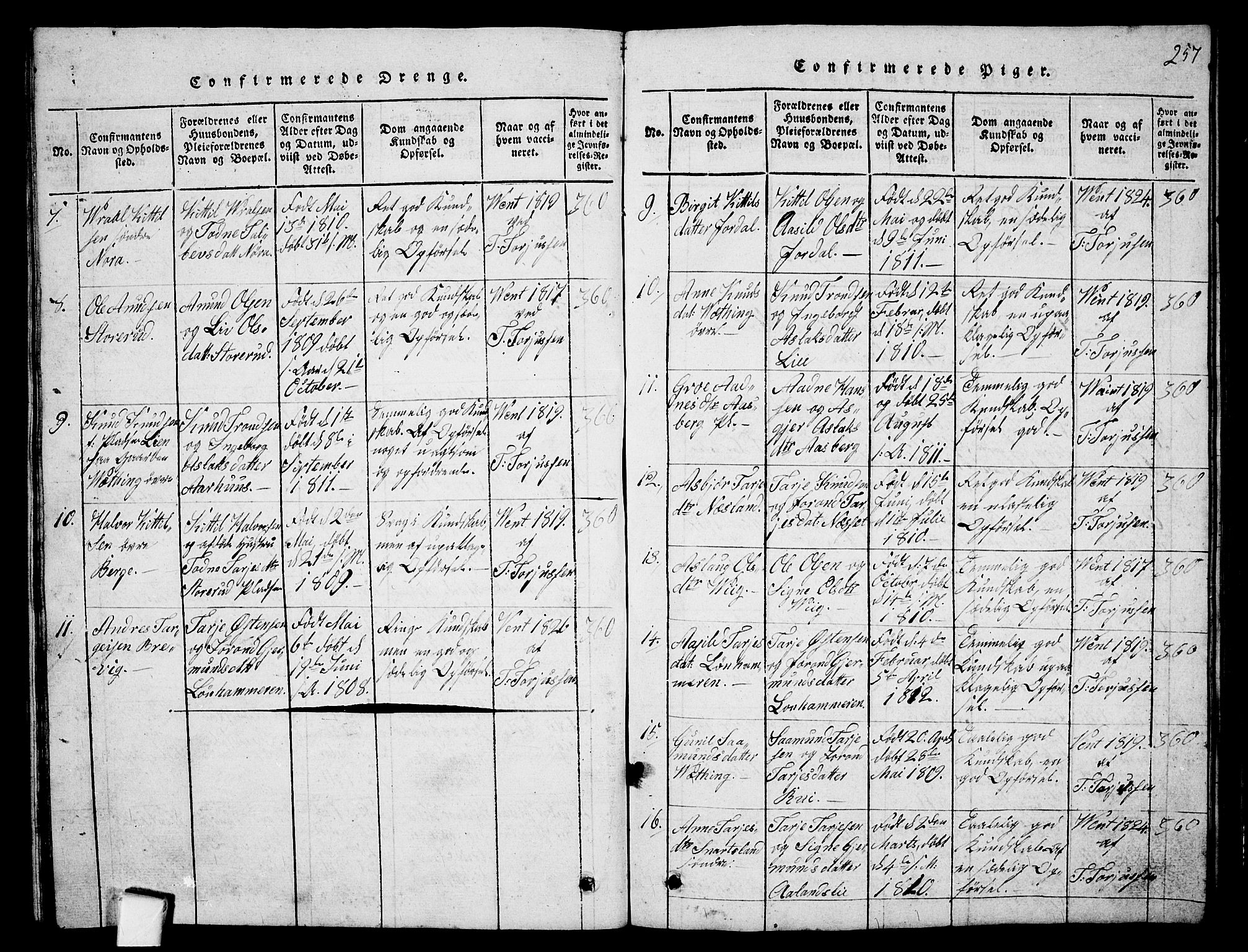 Fyresdal kirkebøker, SAKO/A-263/G/Ga/L0001: Parish register (copy) no. I 1, 1816-1840, p. 257
