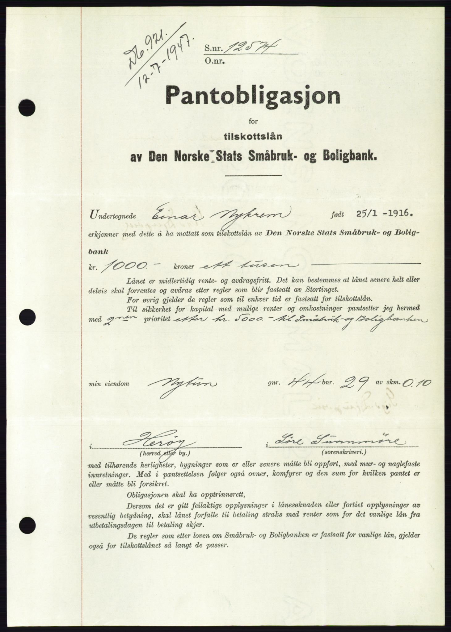 Søre Sunnmøre sorenskriveri, AV/SAT-A-4122/1/2/2C/L0115: Mortgage book no. 3B, 1947-1948, Diary no: : 921/1947