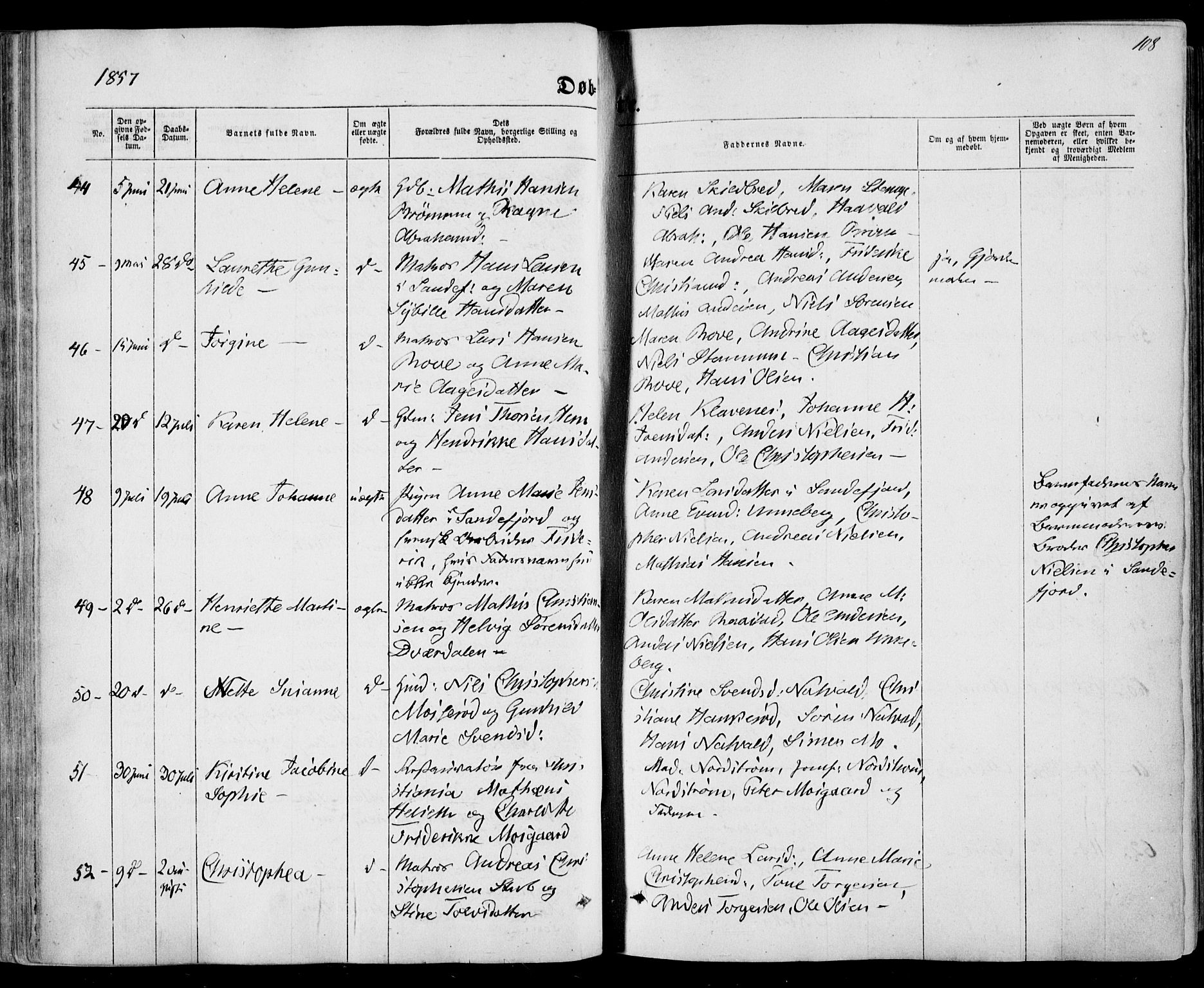 Sandar kirkebøker, SAKO/A-243/F/Fa/L0007: Parish register (official) no. 7, 1855-1861, p. 108