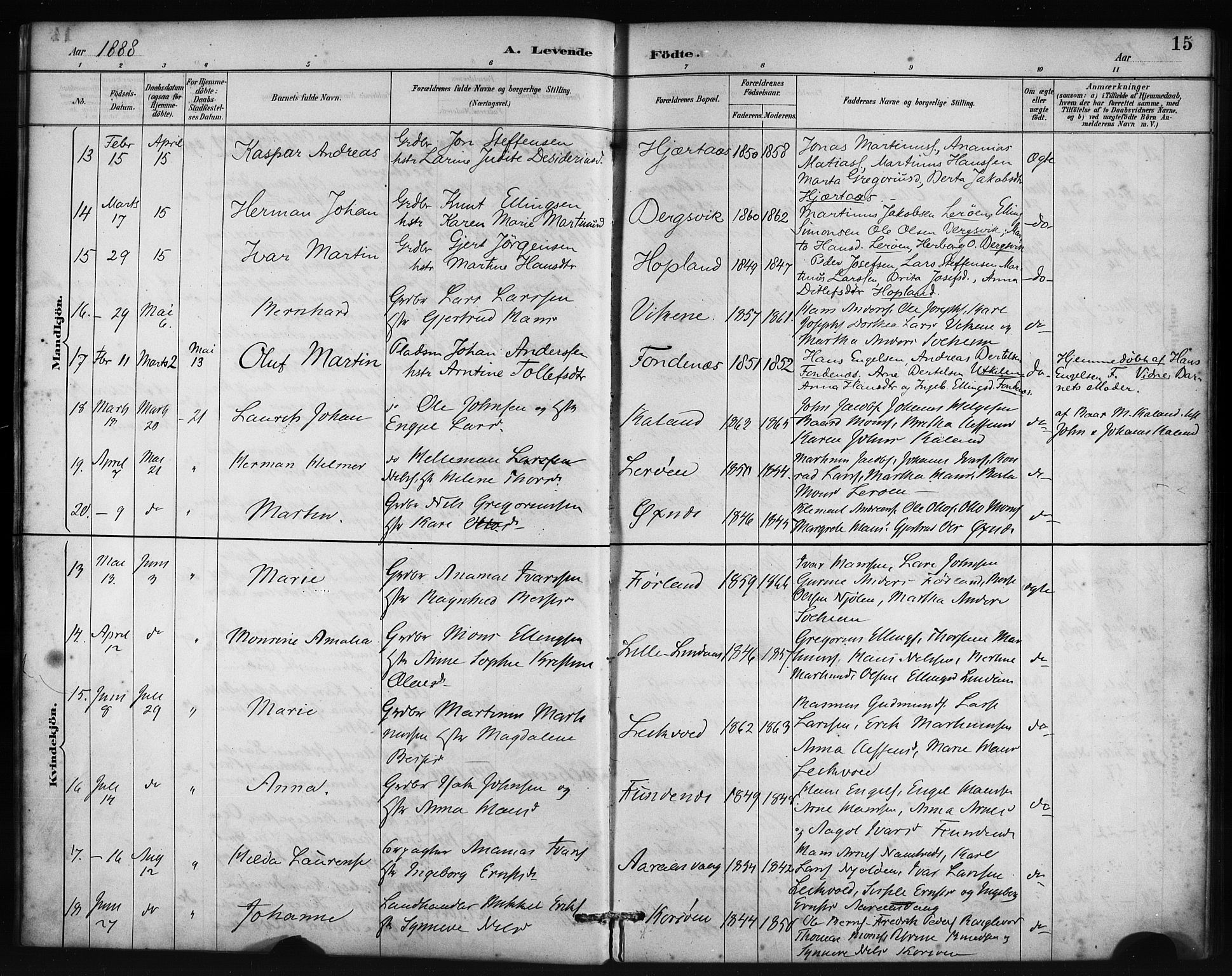 Lindås Sokneprestembete, SAB/A-76701/H/Haa: Parish register (official) no. C 1, 1886-1896, p. 15