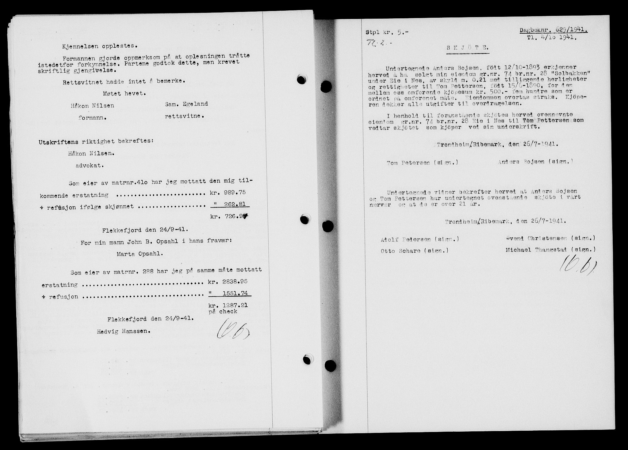 Flekkefjord sorenskriveri, SAK/1221-0001/G/Gb/Gba/L0057: Mortgage book no. A-5, 1941-1942, Diary no: : 629/1941