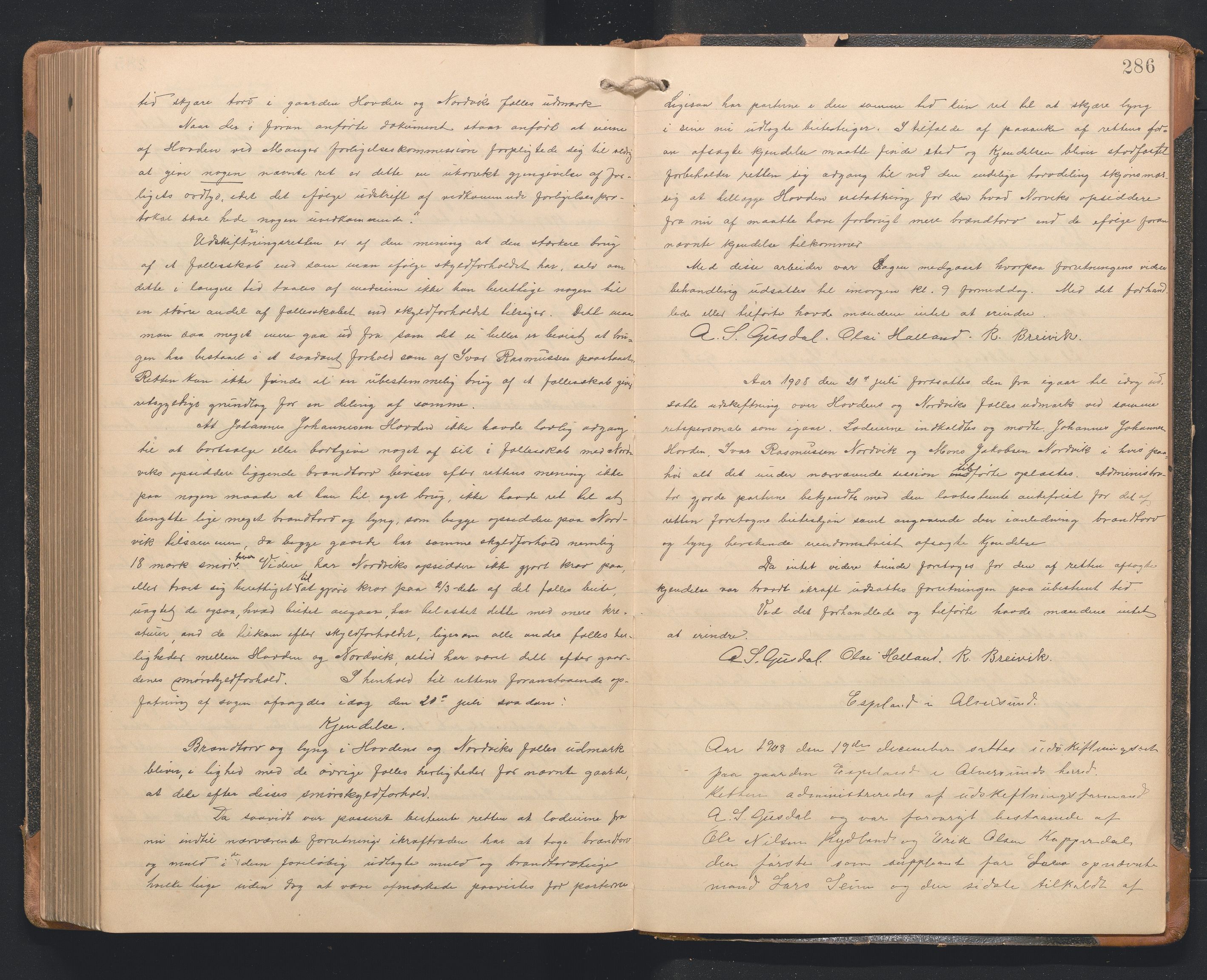 Hordaland jordskiftedøme - I Nordhordland jordskiftedistrikt, AV/SAB-A-6801/A/Aa/L0017: Forhandlingsprotokoll, 1904-1908, p. 285b-286a