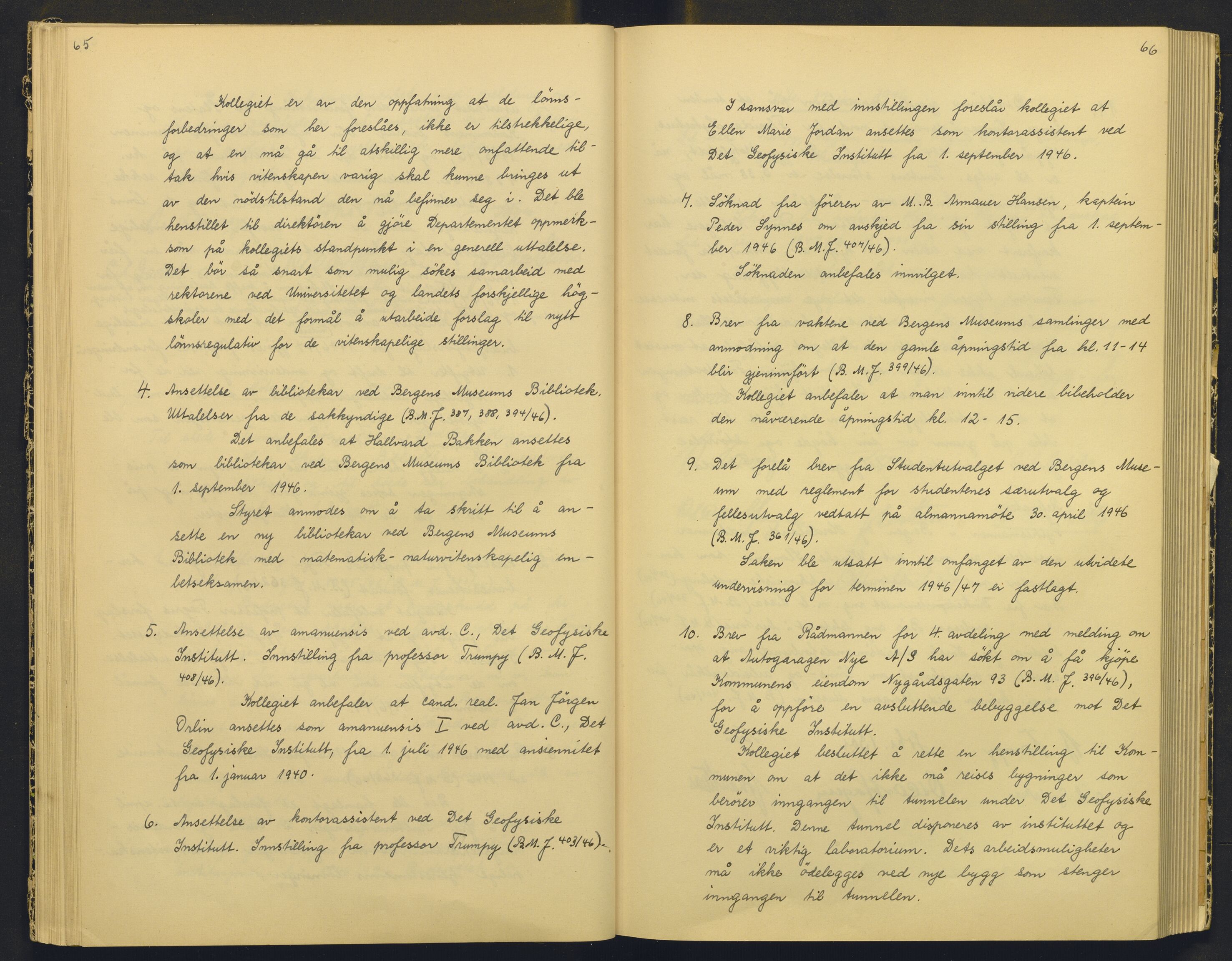 Bergens Museum, AV/SAB-A-17301/18/A/L0004: Professorkollegiets møtebok med register , 1945-1949, p. 65-66
