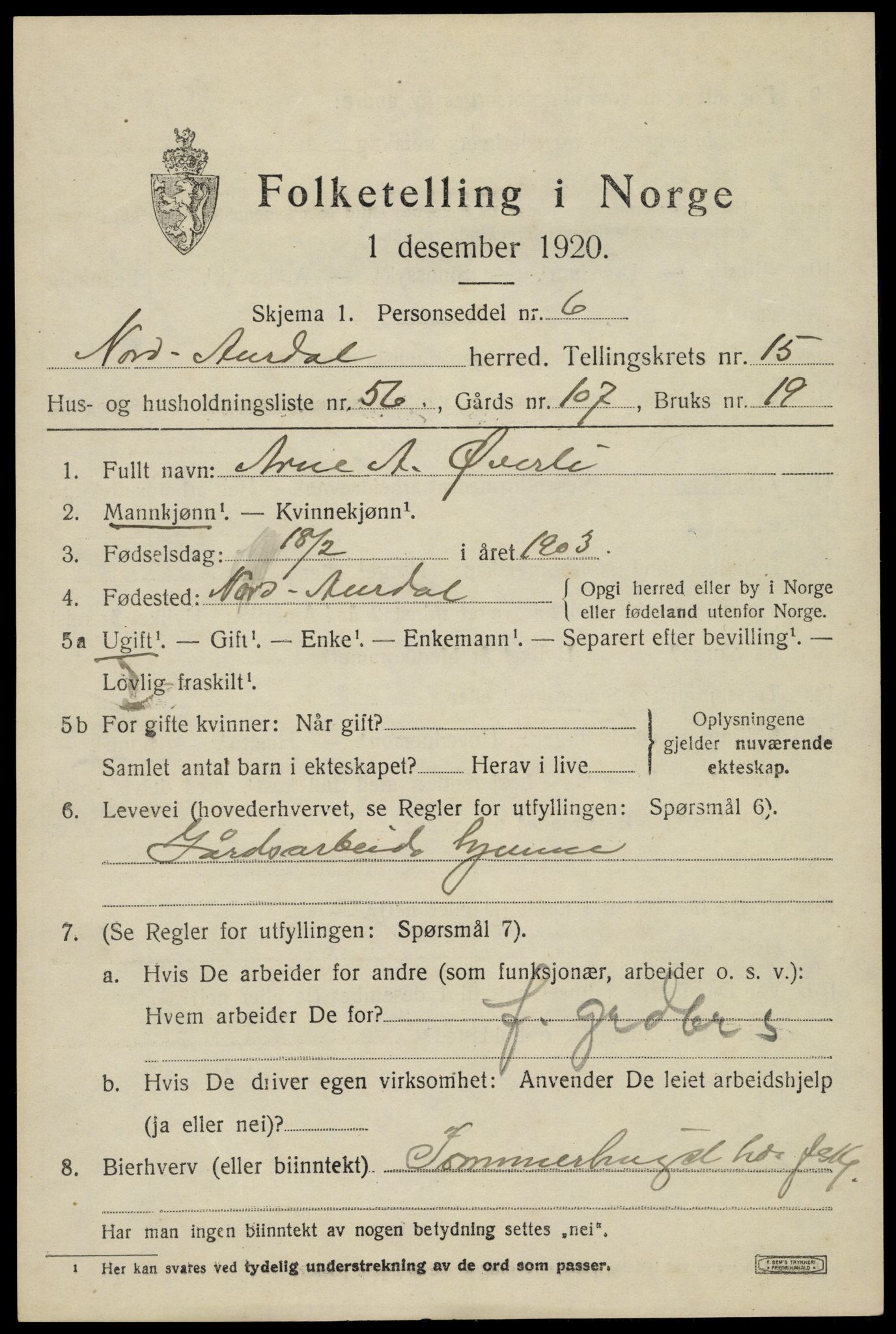 SAH, 1920 census for Nord-Aurdal, 1920, p. 11732