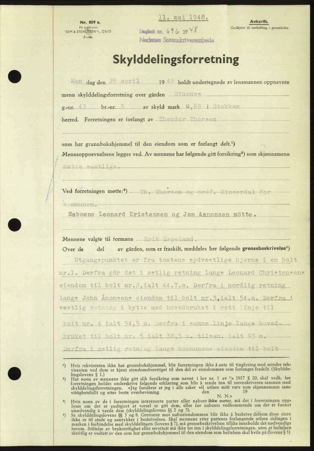 Nedenes sorenskriveri, SAK/1221-0006/G/Gb/Gba/L0059: Mortgage book no. A11, 1948-1948, Diary no: : 696/1948