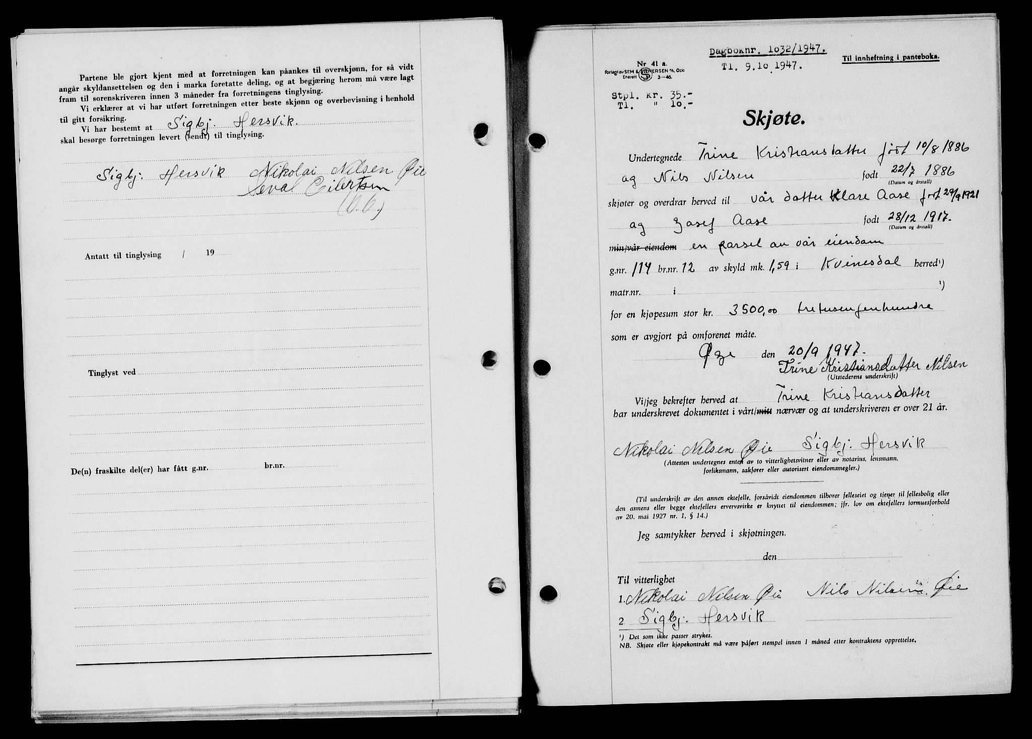 Flekkefjord sorenskriveri, SAK/1221-0001/G/Gb/Gba/L0062: Mortgage book no. A-10, 1947-1947, Diary no: : 1032/1947