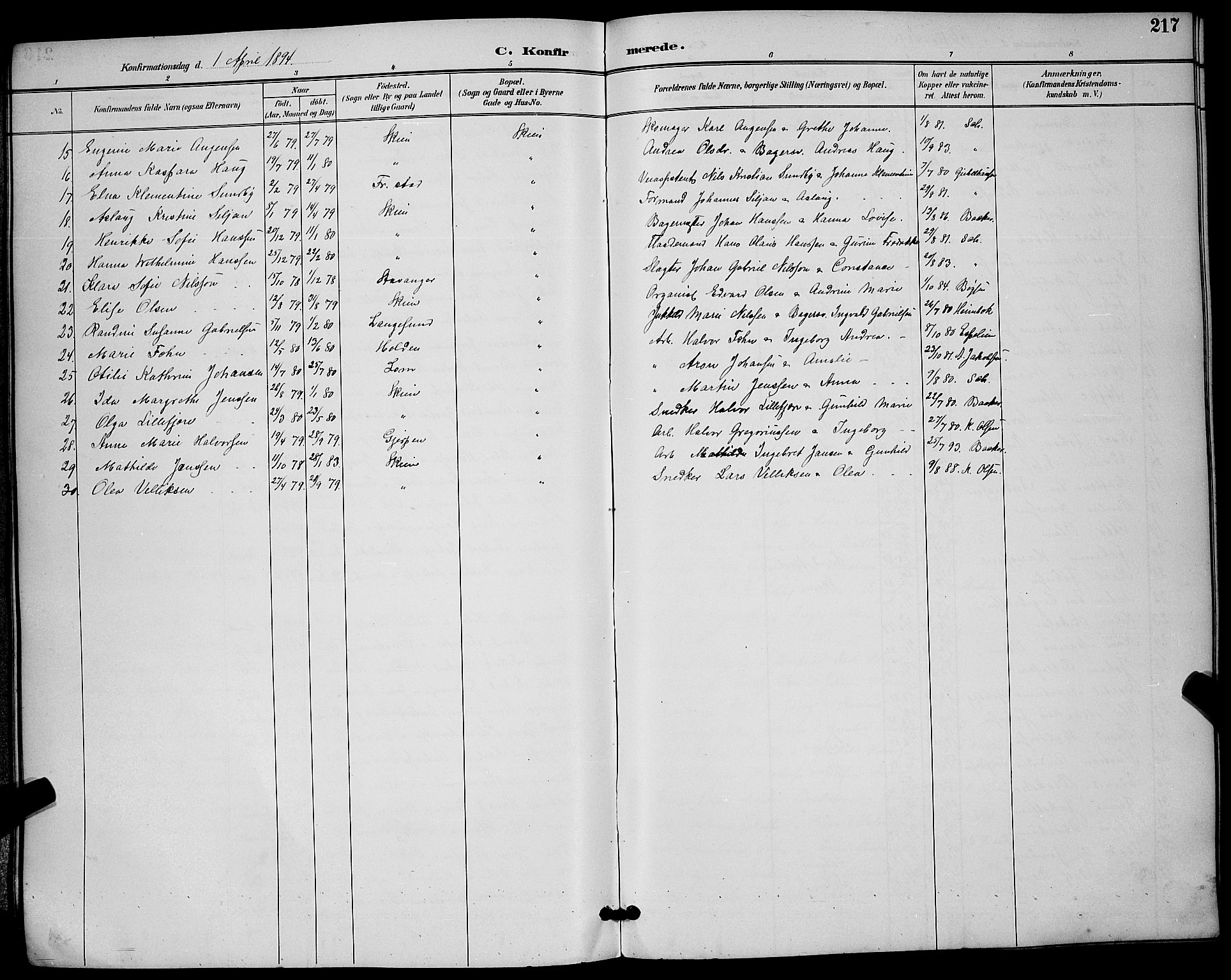 Skien kirkebøker, SAKO/A-302/G/Ga/L0007: Parish register (copy) no. 7, 1891-1900, p. 217