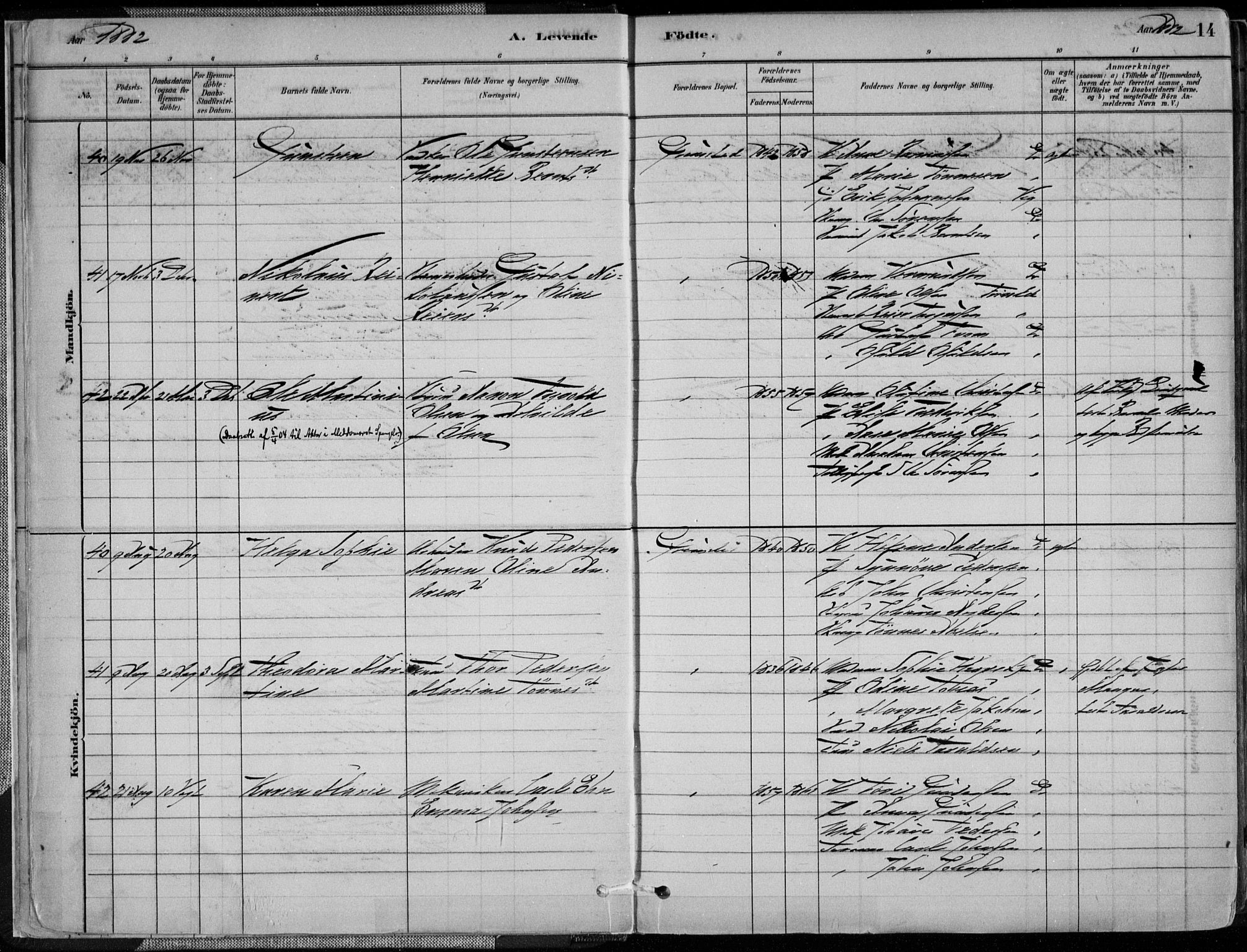 Grimstad sokneprestkontor, AV/SAK-1111-0017/F/Fa/L0003: Parish register (official) no. A 2, 1882-1912, p. 14