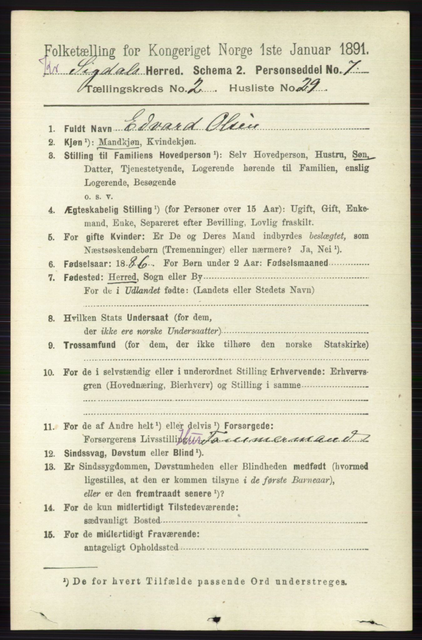 RA, 1891 census for 0621 Sigdal, 1891, p. 5516