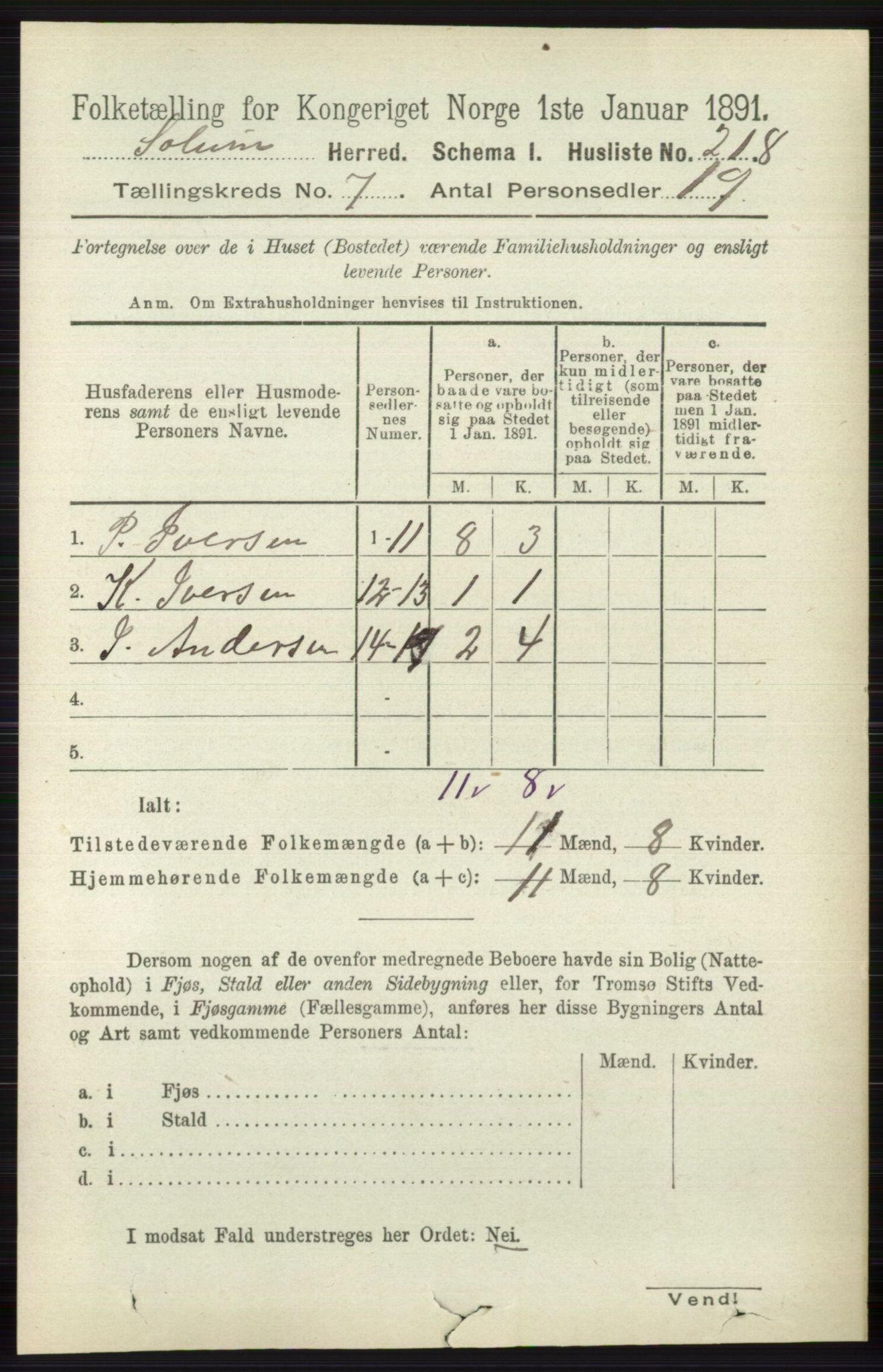 RA, 1891 census for 0818 Solum, 1891, p. 2707