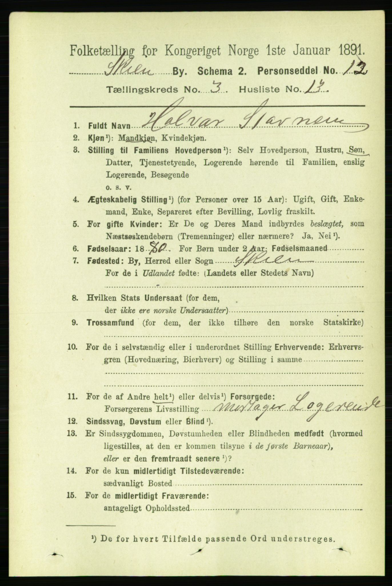 RA, 1891 census for 0806 Skien, 1891, p. 2589