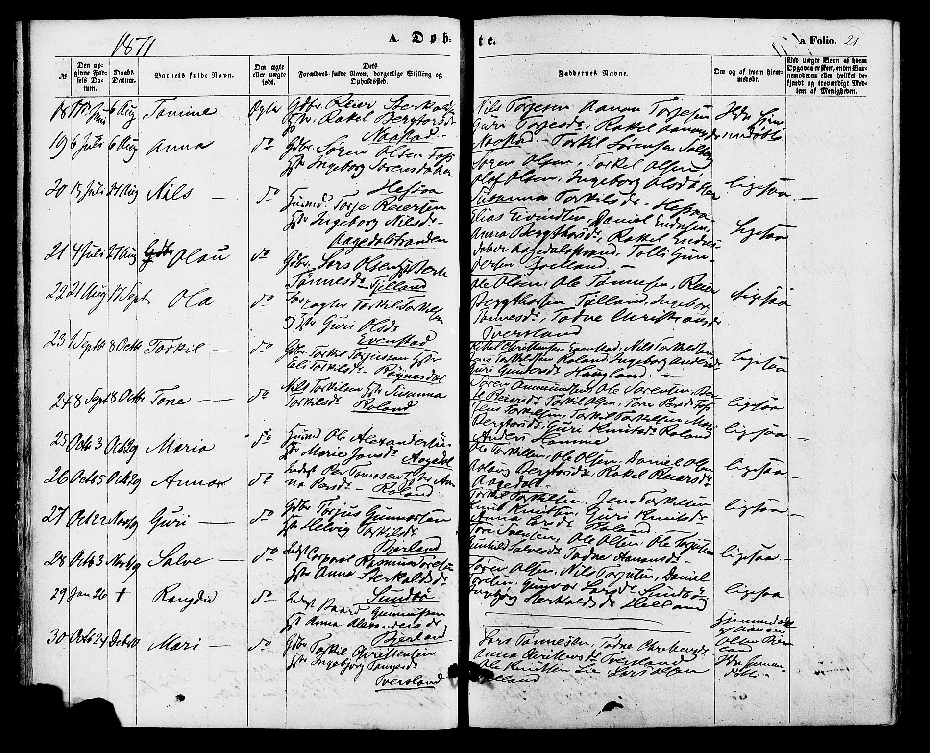 Bjelland sokneprestkontor, AV/SAK-1111-0005/F/Fa/Faa/L0003: Parish register (official) no. A 3, 1867-1887, p. 21