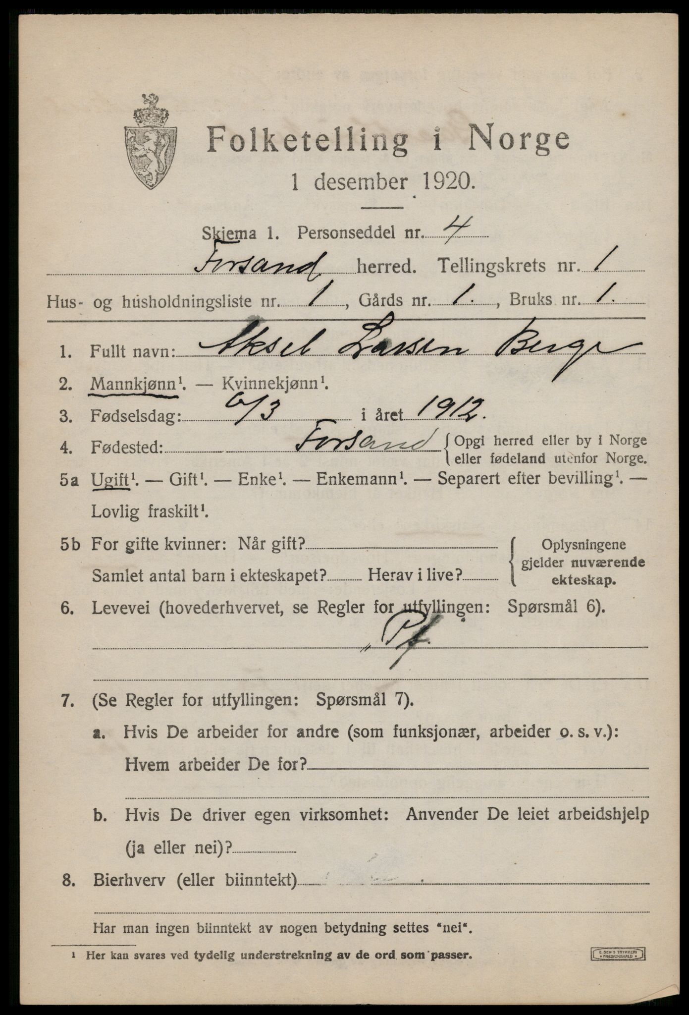 SAST, 1920 census for Forsand, 1920, p. 765