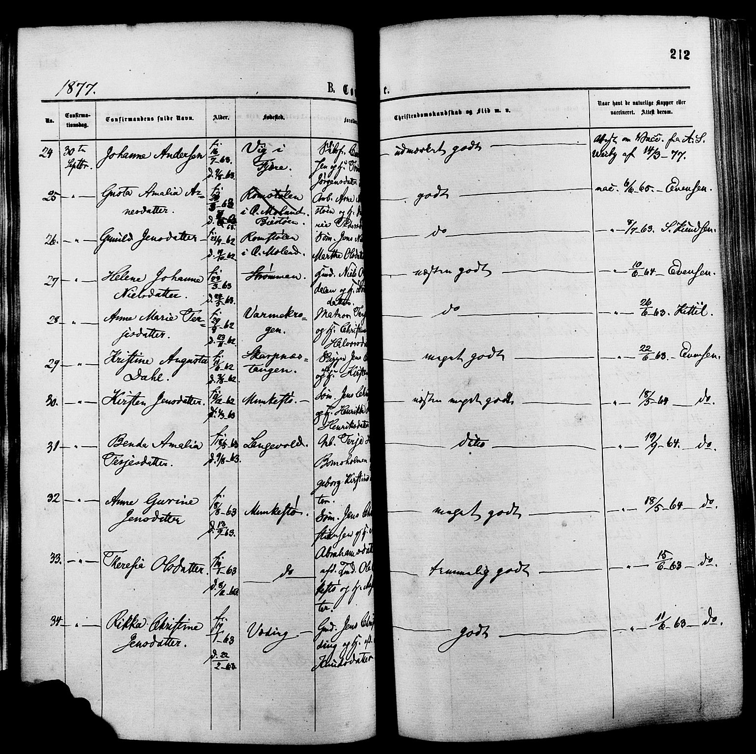 Øyestad sokneprestkontor, AV/SAK-1111-0049/F/Fa/L0016: Parish register (official) no. A 16, 1874-1886, p. 212