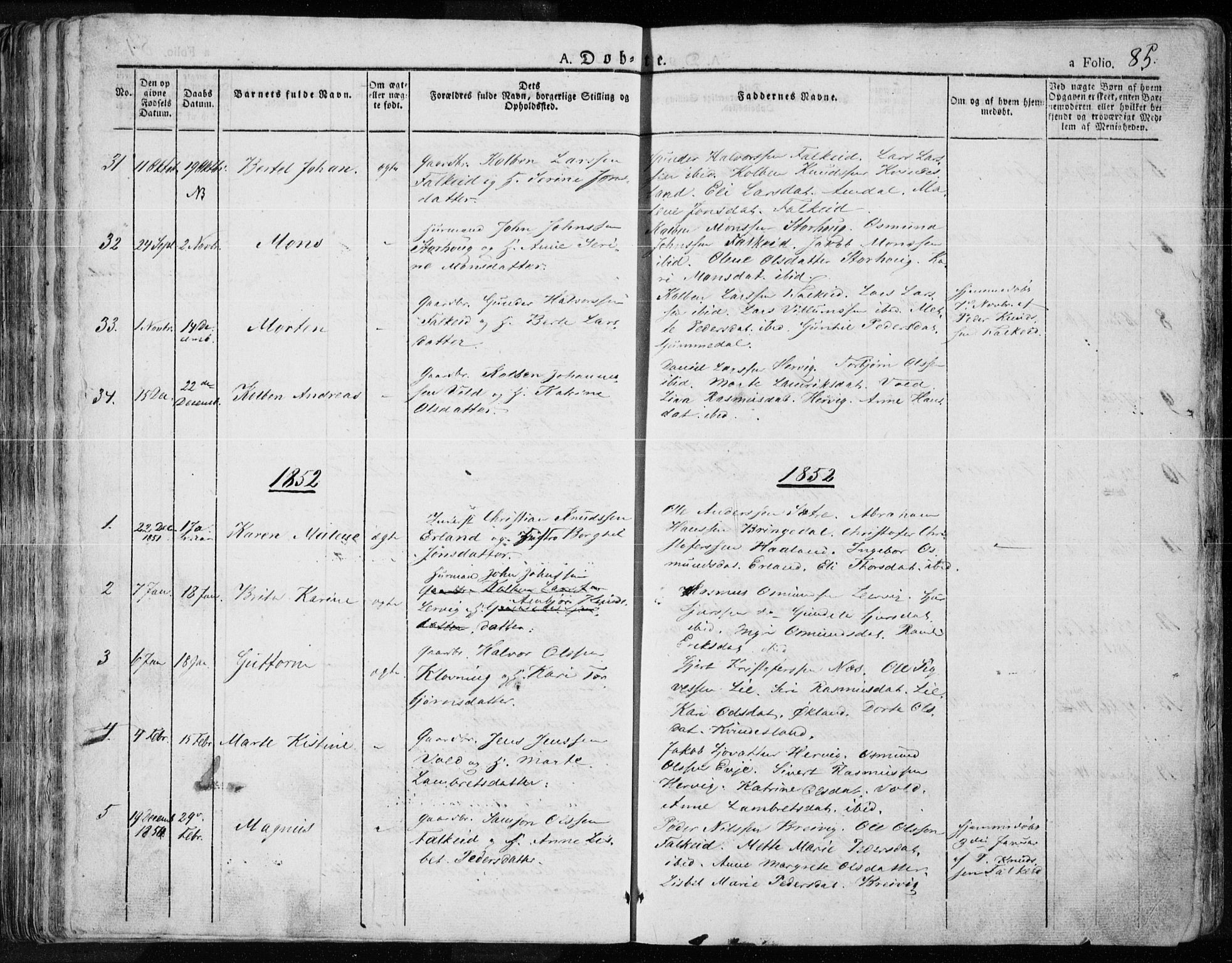Tysvær sokneprestkontor, SAST/A -101864/H/Ha/Haa/L0001: Parish register (official) no. A 1.1, 1831-1856, p. 85