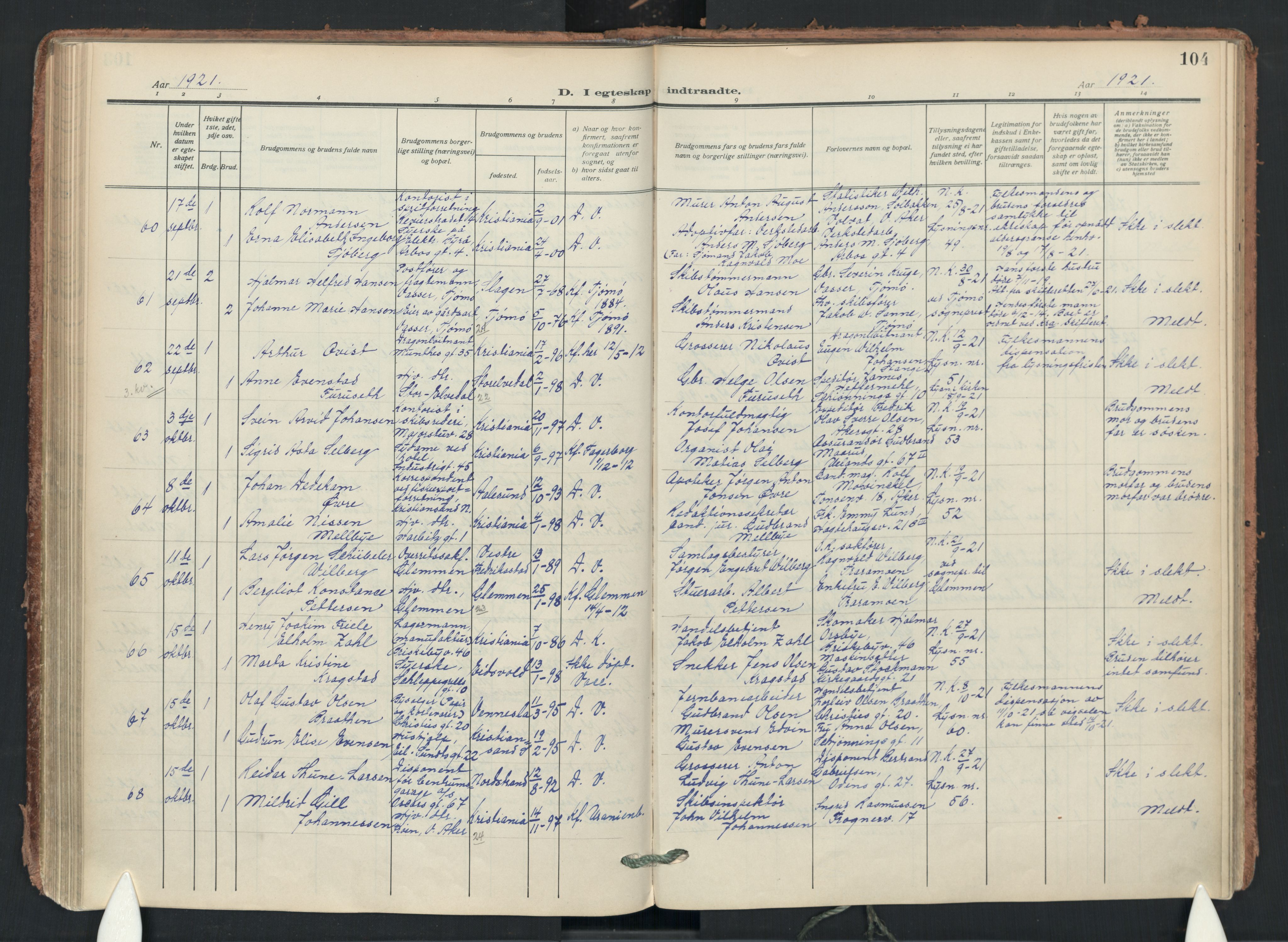 Uranienborg prestekontor Kirkebøker, SAO/A-10877/F/Fa/L0012: Parish register (official) no. 12, 1914-1930, p. 104