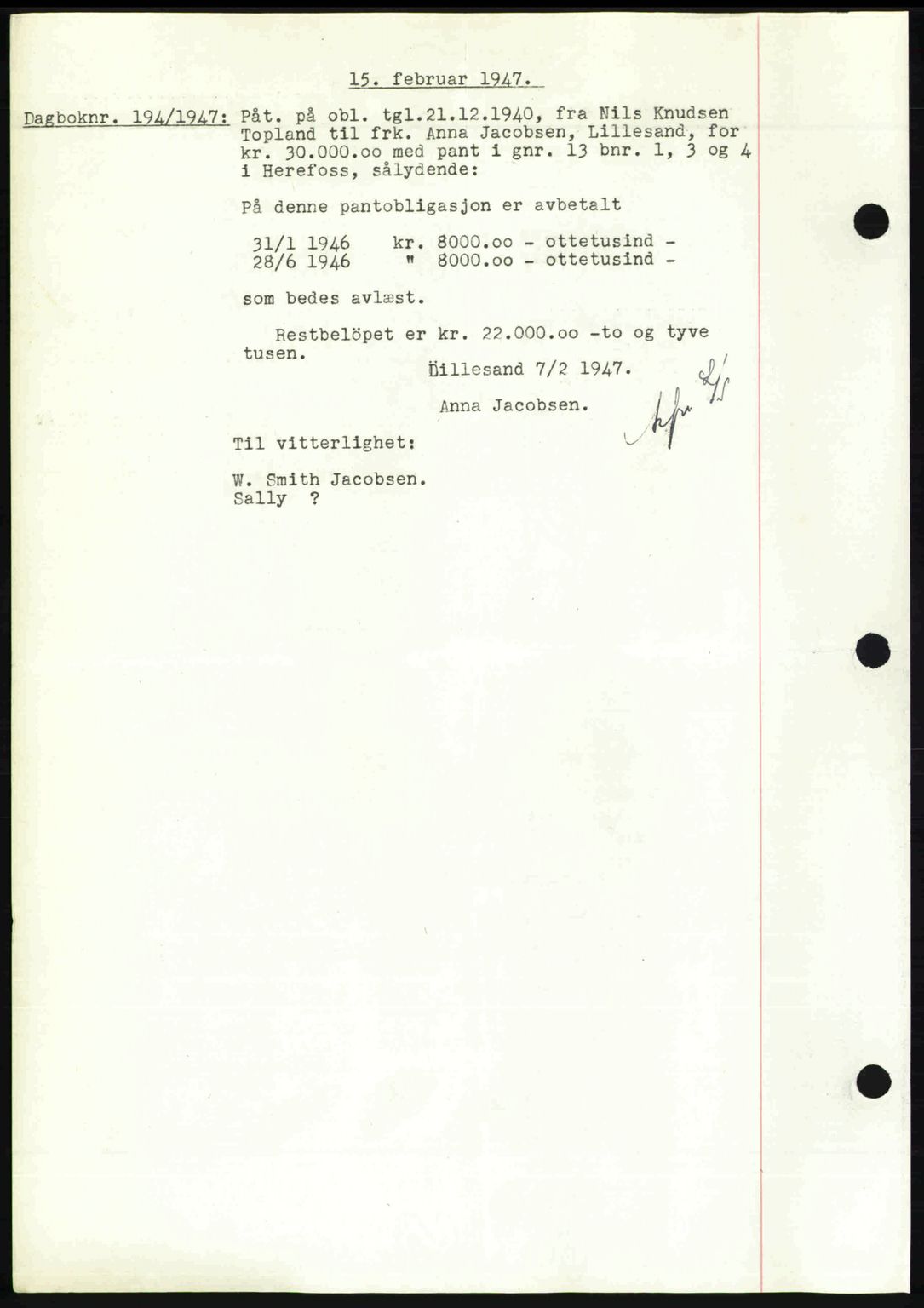 Nedenes sorenskriveri, SAK/1221-0006/G/Gb/Gba/L0056: Mortgage book no. A8, 1946-1947, Diary no: : 194/1947