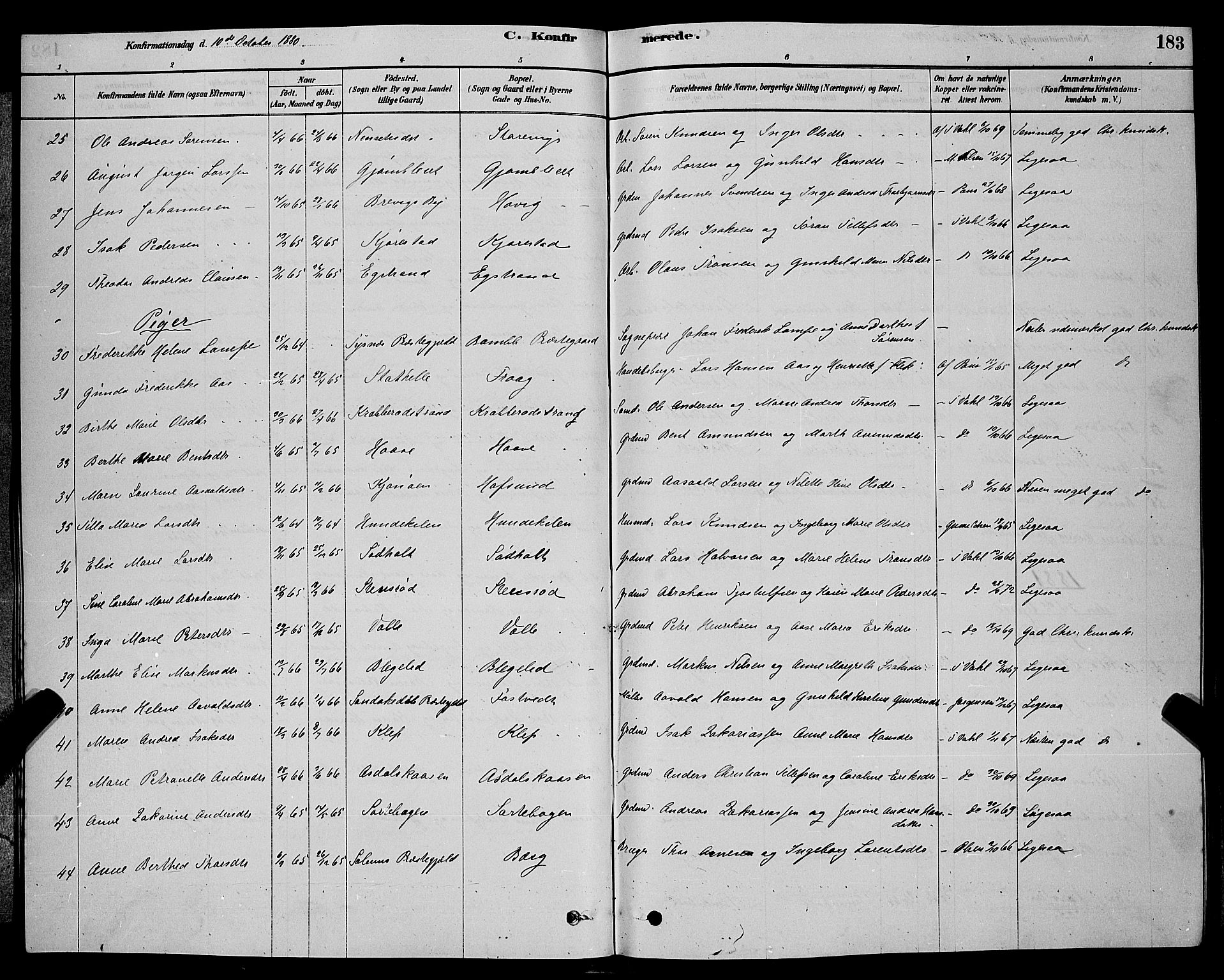 Bamble kirkebøker, AV/SAKO-A-253/G/Ga/L0008: Parish register (copy) no. I 8, 1878-1888, p. 183