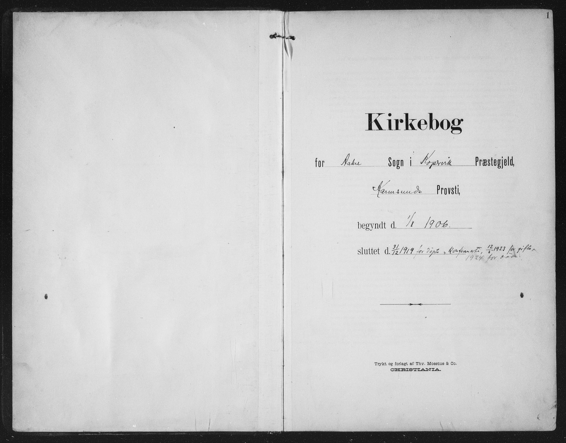 Kopervik sokneprestkontor, AV/SAST-A-101850/H/Ha/Haa/L0005: Parish register (official) no. A 5, 1906-1924, p. 1