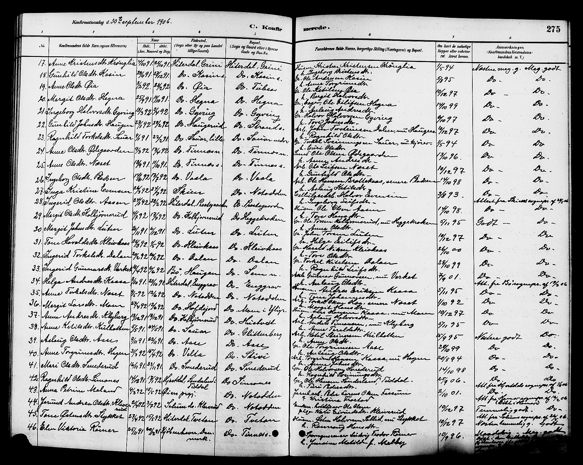 Heddal kirkebøker, SAKO/A-268/G/Ga/L0002: Parish register (copy) no. I 2, 1879-1908, p. 275
