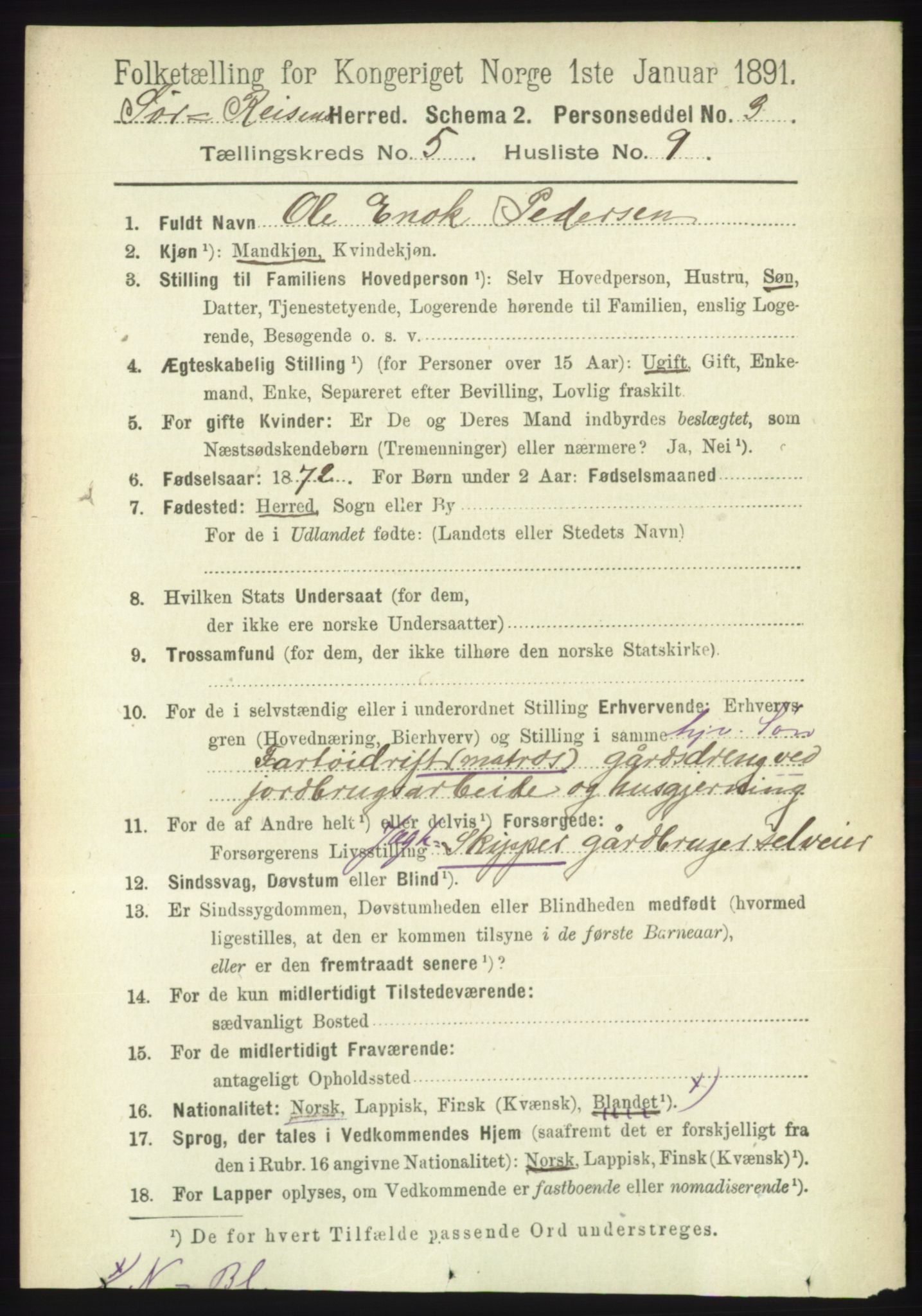 RA, 1891 census for 1925 Sørreisa, 1891, p. 1640