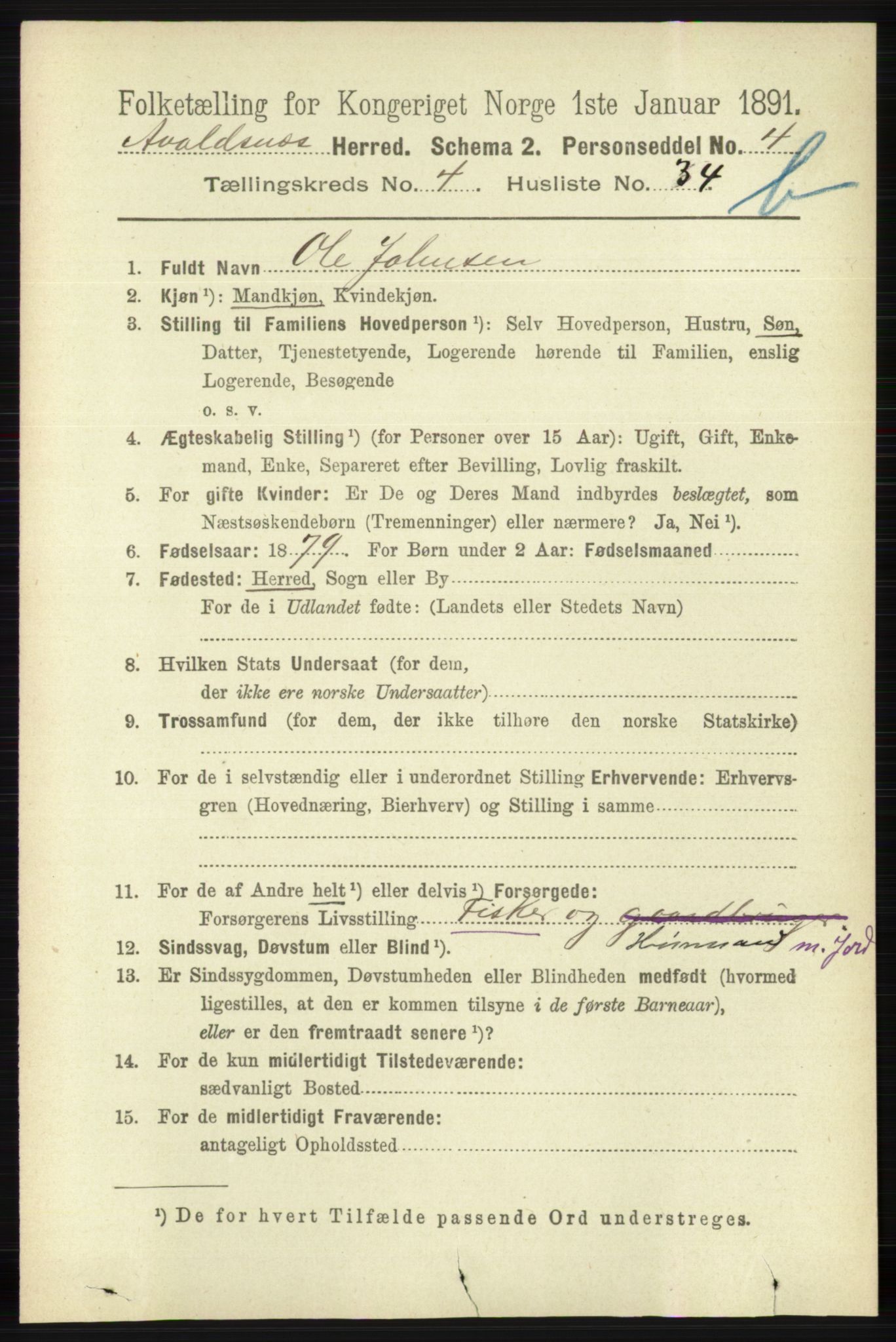 RA, 1891 census for 1147 Avaldsnes, 1891, p. 2974