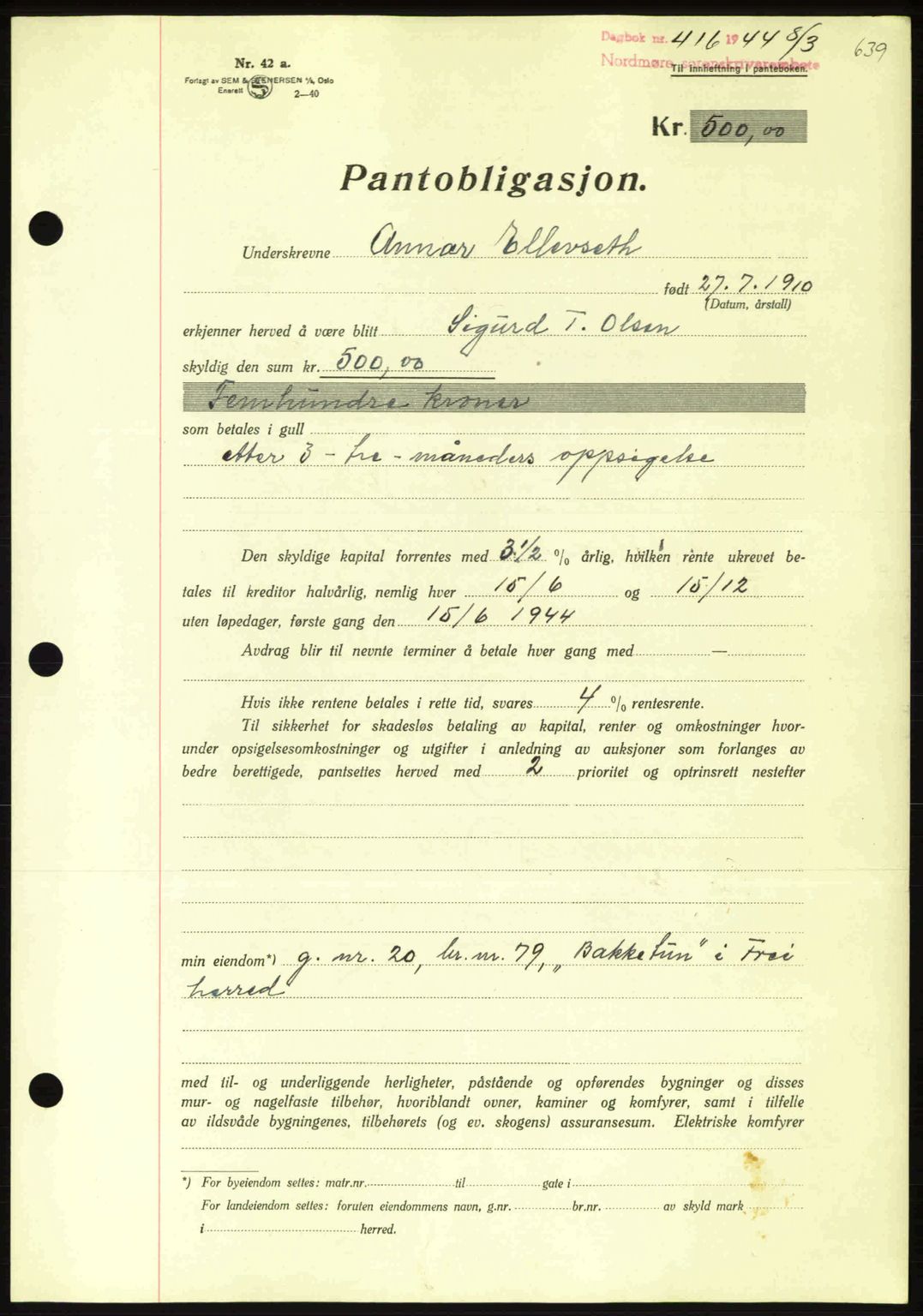 Nordmøre sorenskriveri, AV/SAT-A-4132/1/2/2Ca: Mortgage book no. B91, 1943-1944, Diary no: : 416/1944