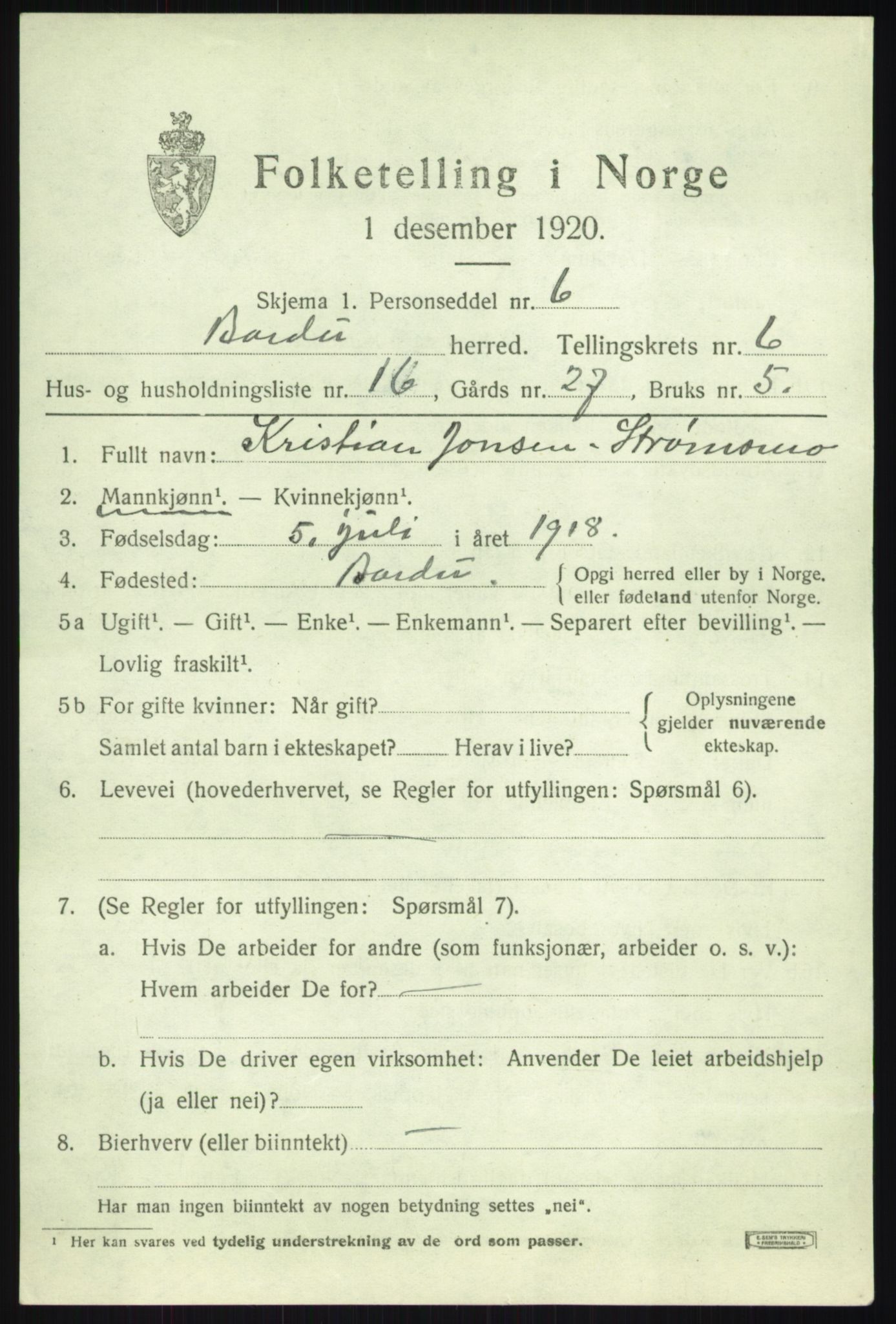 SATØ, 1920 census for Bardu, 1920, p. 2723