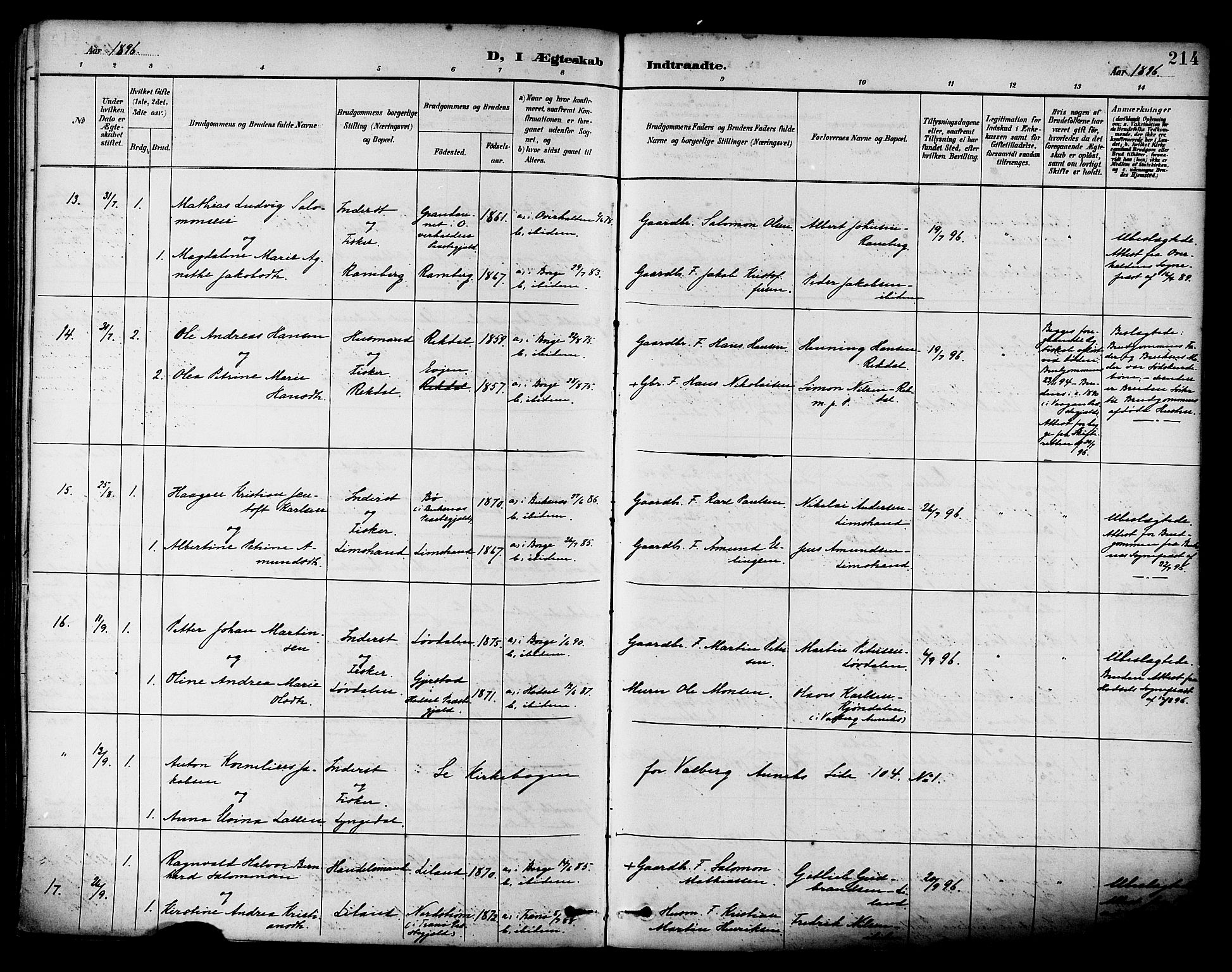 Ministerialprotokoller, klokkerbøker og fødselsregistre - Nordland, AV/SAT-A-1459/880/L1133: Parish register (official) no. 880A07, 1888-1898, p. 214