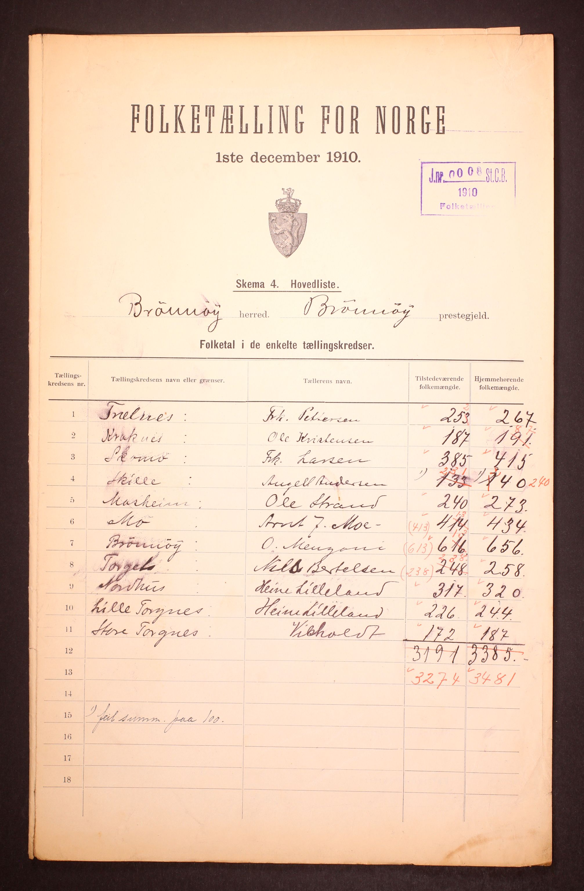 RA, 1910 census for Brønnøy, 1910, p. 2