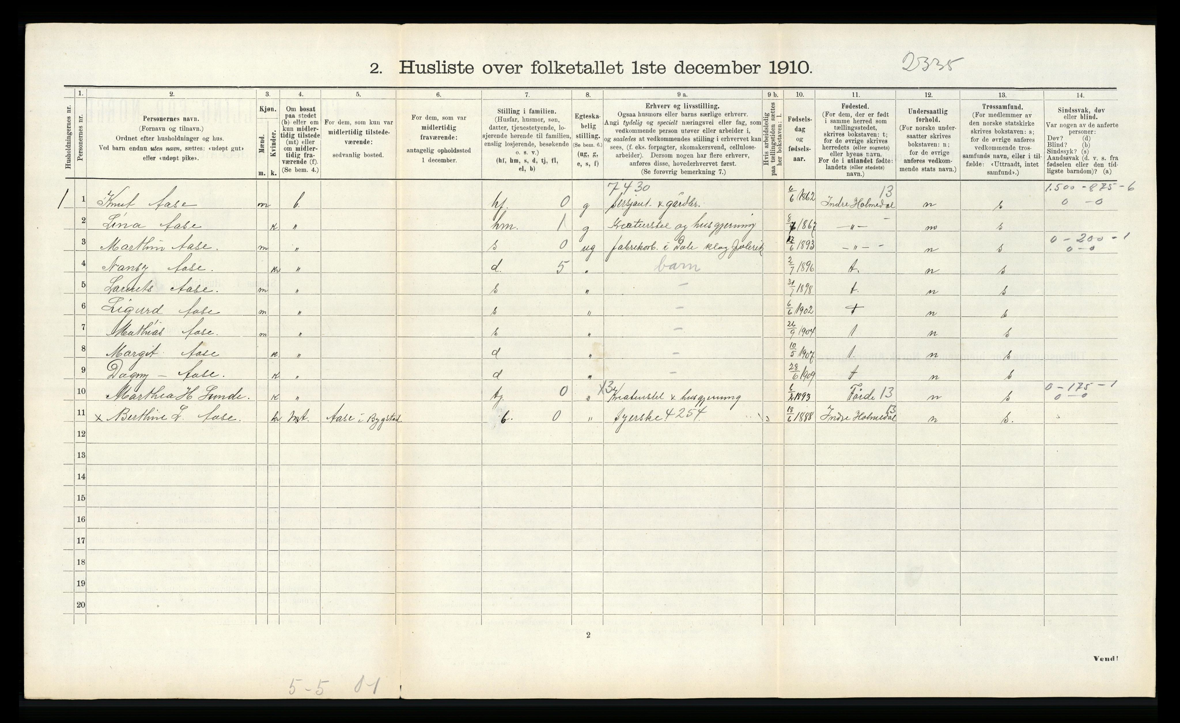 RA, 1910 census for Ytre Holmedal, 1910, p. 889