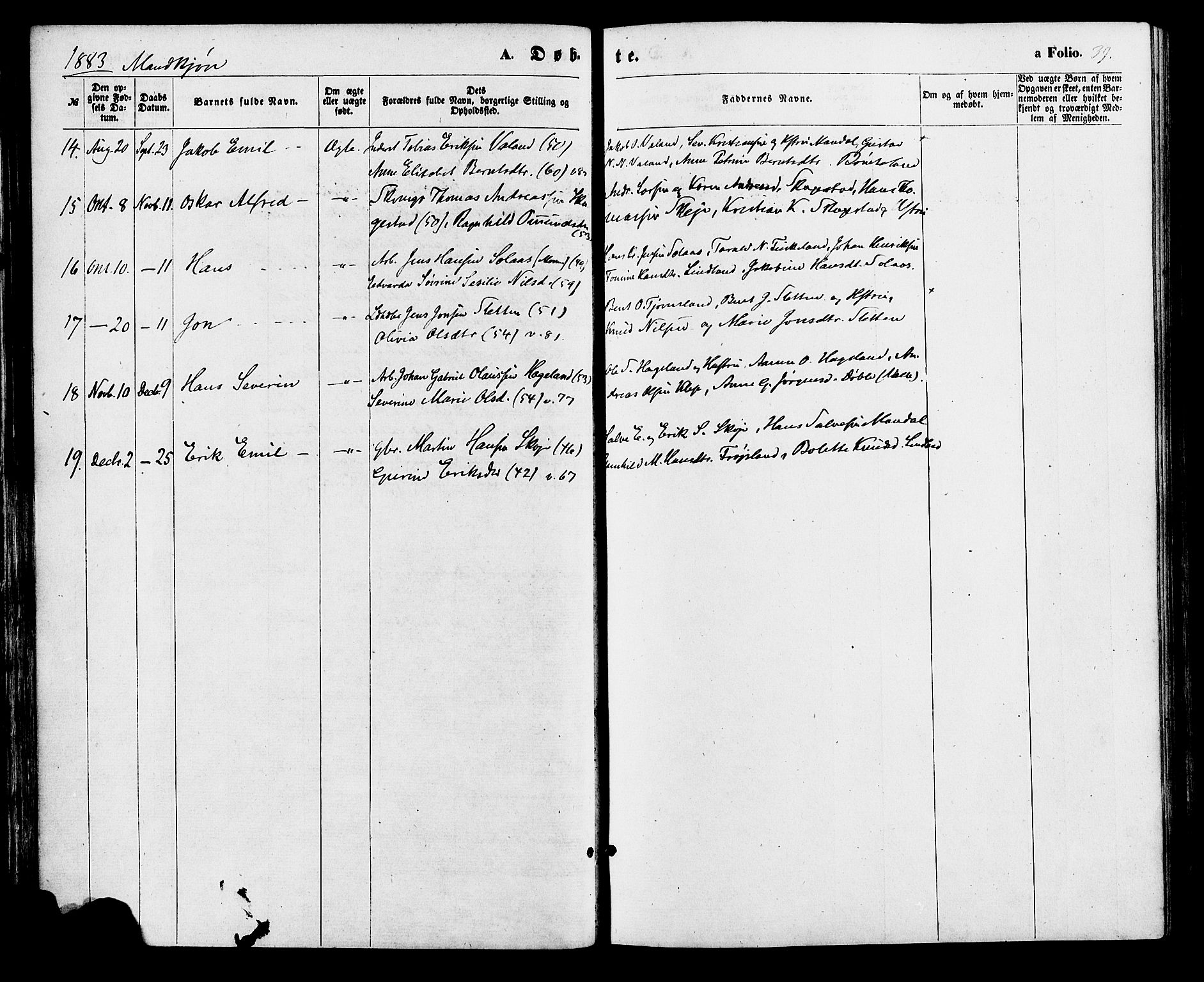 Holum sokneprestkontor, AV/SAK-1111-0022/F/Fa/Faa/L0006: Parish register (official) no. A 6, 1865-1883, p. 39