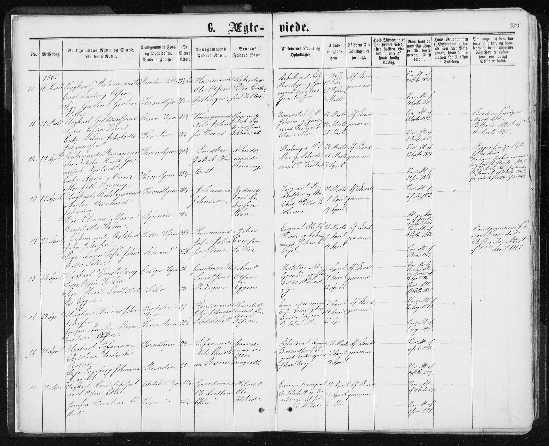 Ministerialprotokoller, klokkerbøker og fødselsregistre - Sør-Trøndelag, SAT/A-1456/601/L0055: Parish register (official) no. 601A23, 1866-1877, p. 305