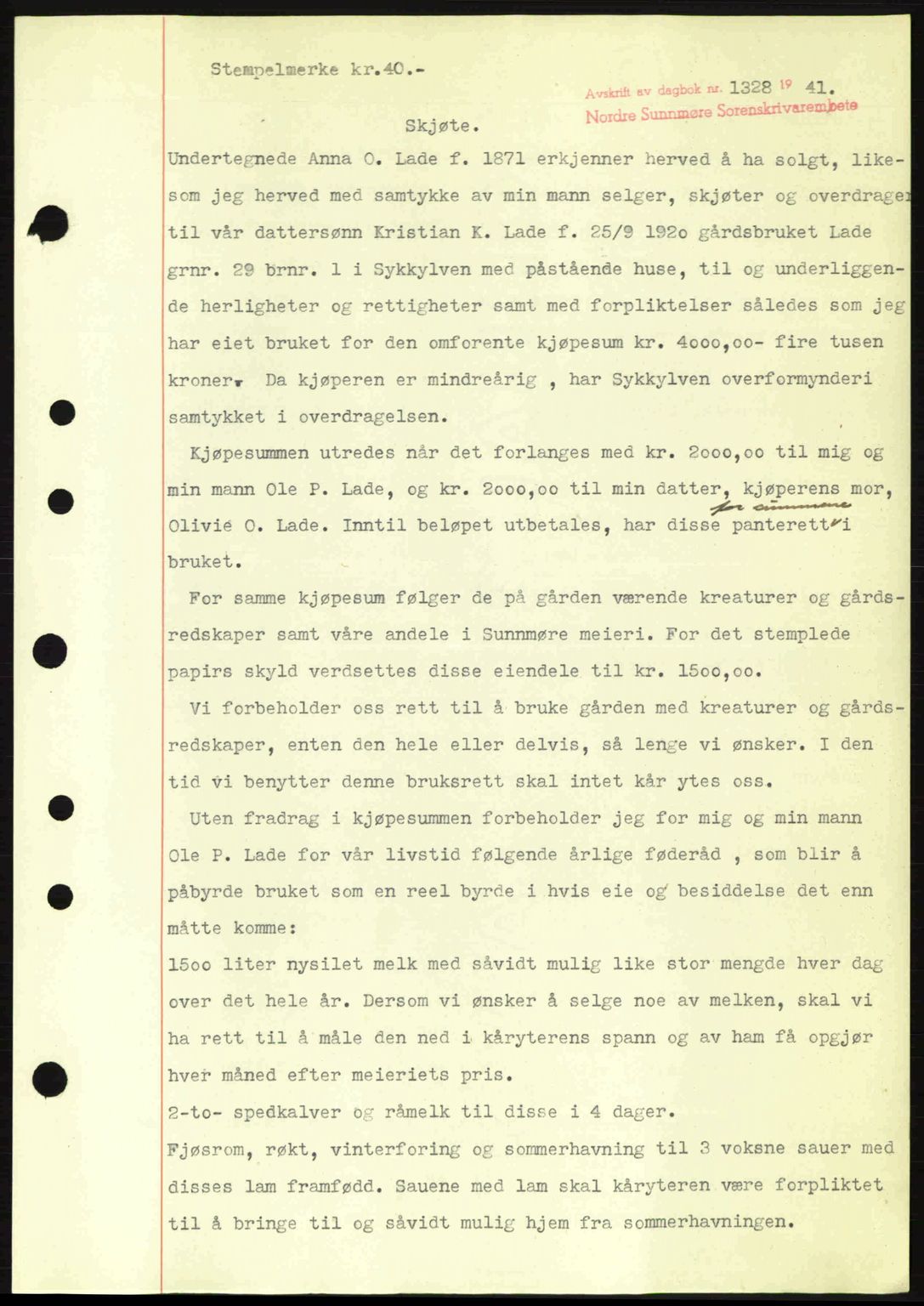 Nordre Sunnmøre sorenskriveri, SAT/A-0006/1/2/2C/2Ca: Mortgage book no. A11, 1941-1941, Diary no: : 1328/1941