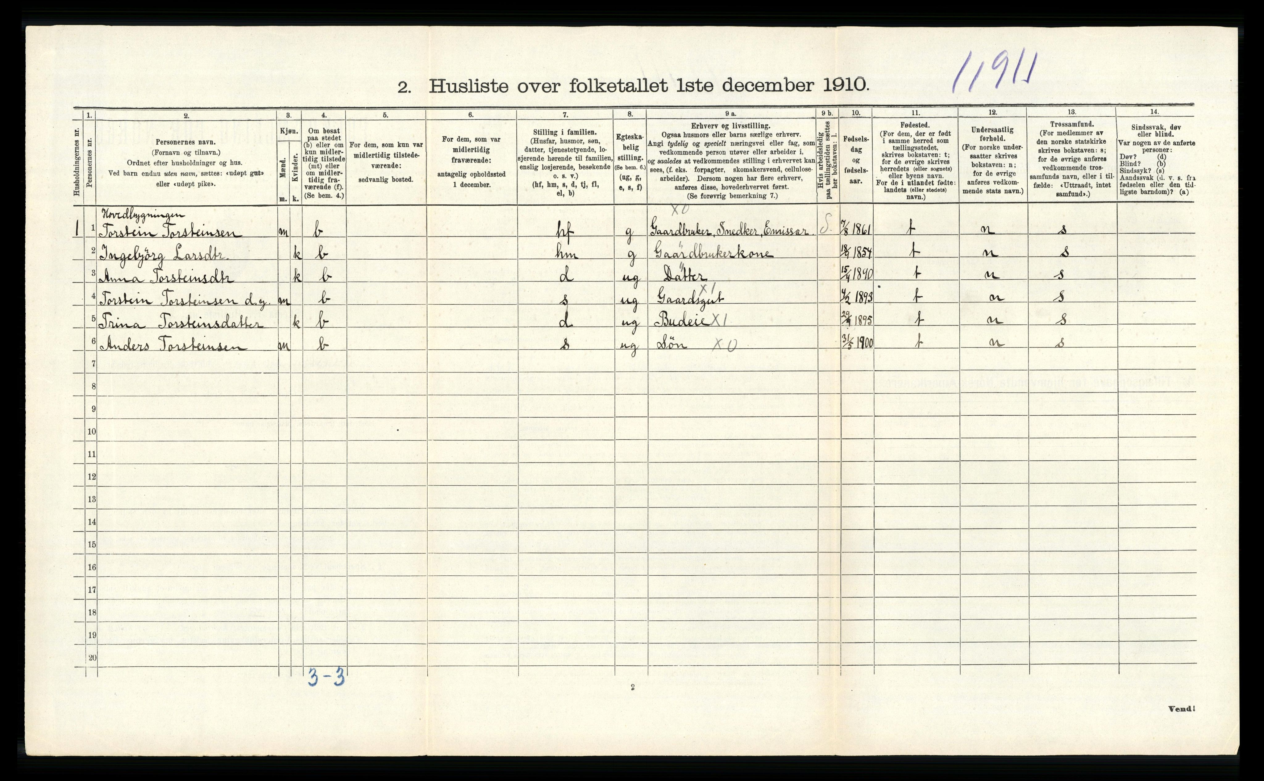 RA, 1910 census for Vossestrand, 1910, p. 208