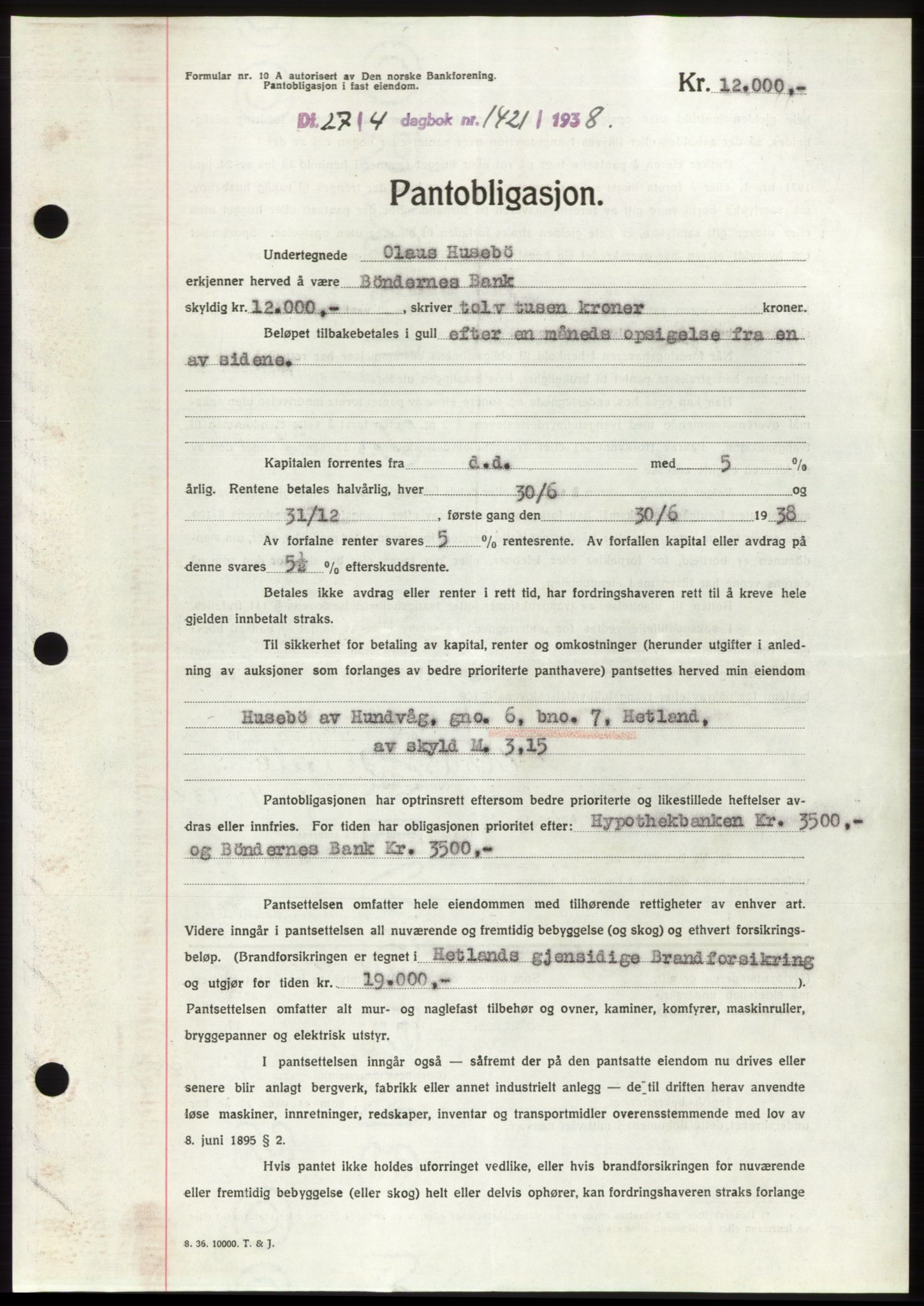 Jæren sorenskriveri, SAST/A-100310/03/G/Gba/L0070: Mortgage book, 1938-1938, Diary no: : 1421/1938