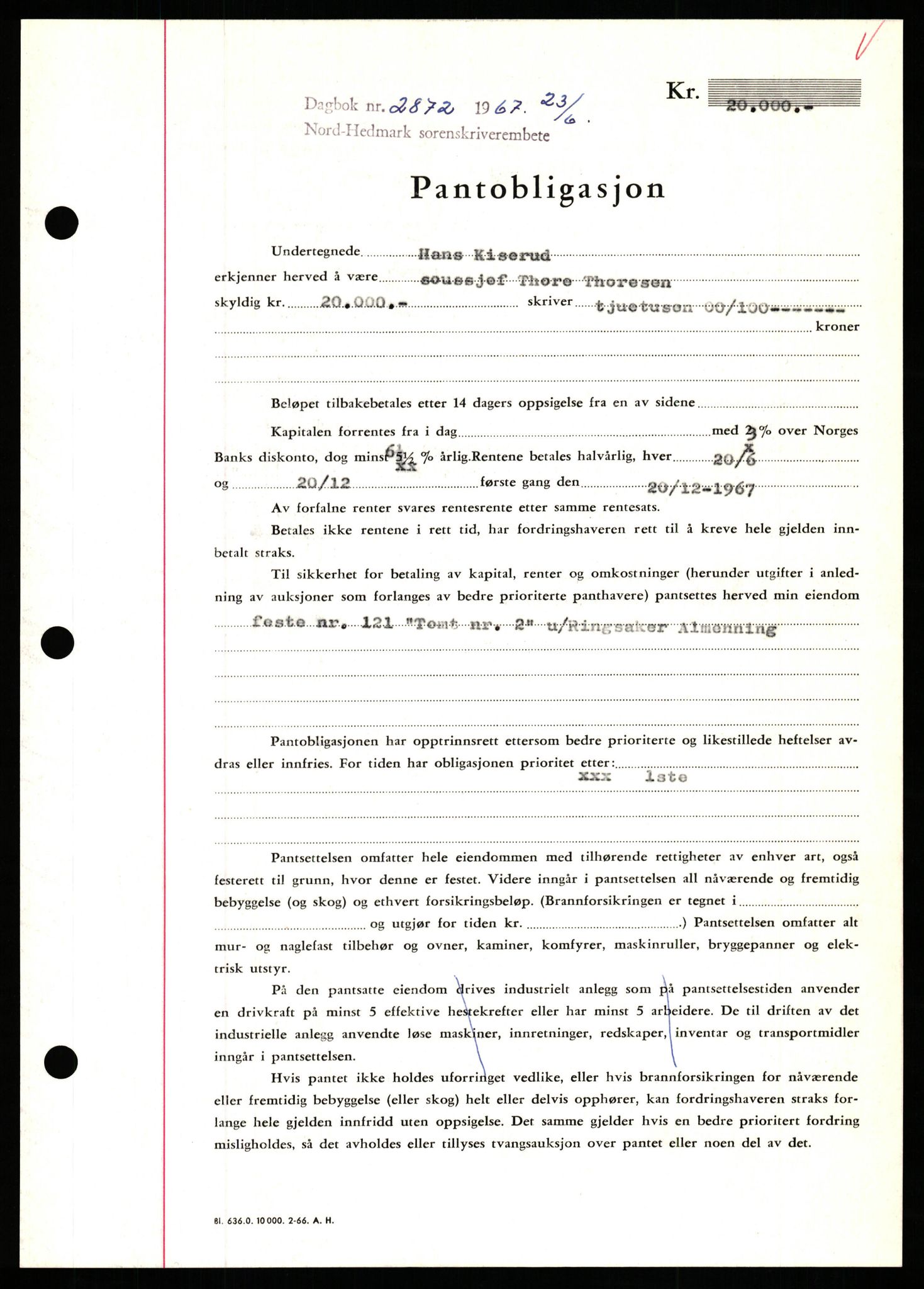 Nord-Hedmark sorenskriveri, SAH/TING-012/H/Hb/Hbf/L0071: Mortgage book no. B71, 1967-1967, Diary no: : 2872/1967